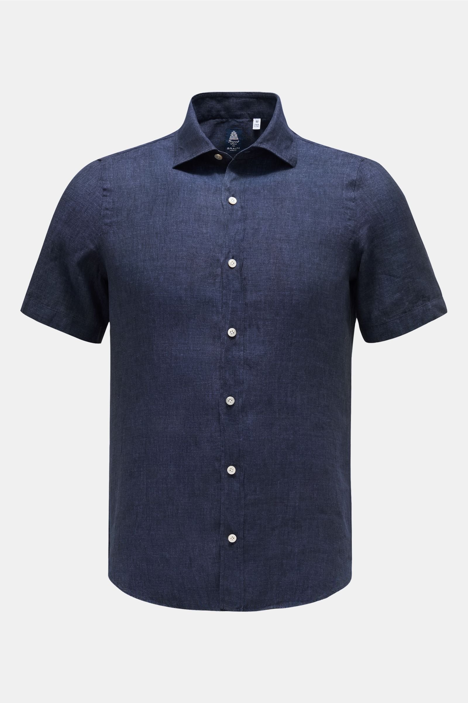 Linen short sleeve shirt 'Luigi Giglio' narrow collar navy