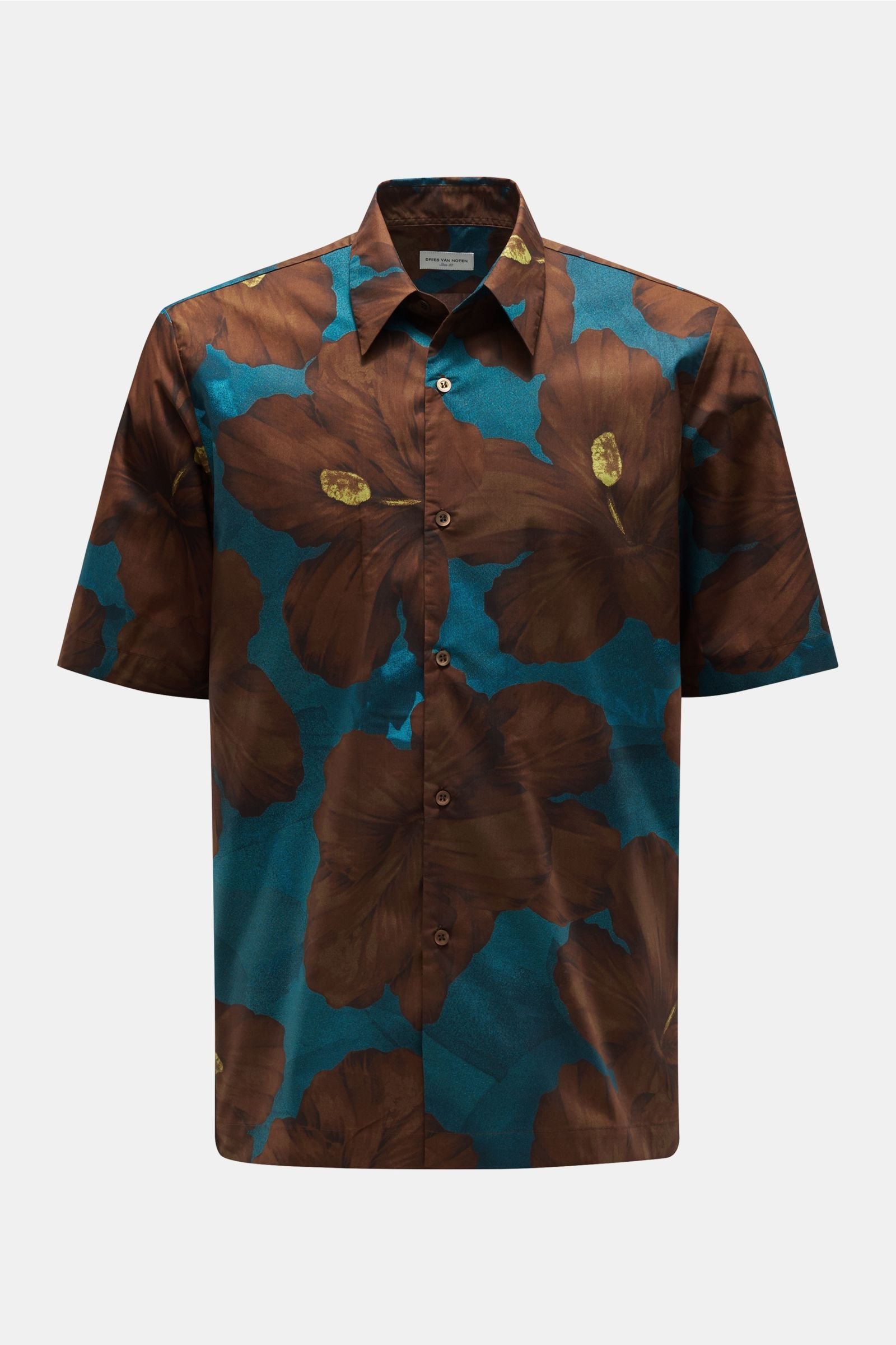Short-sleeve shirt Kent collar dark brown/teal patterned