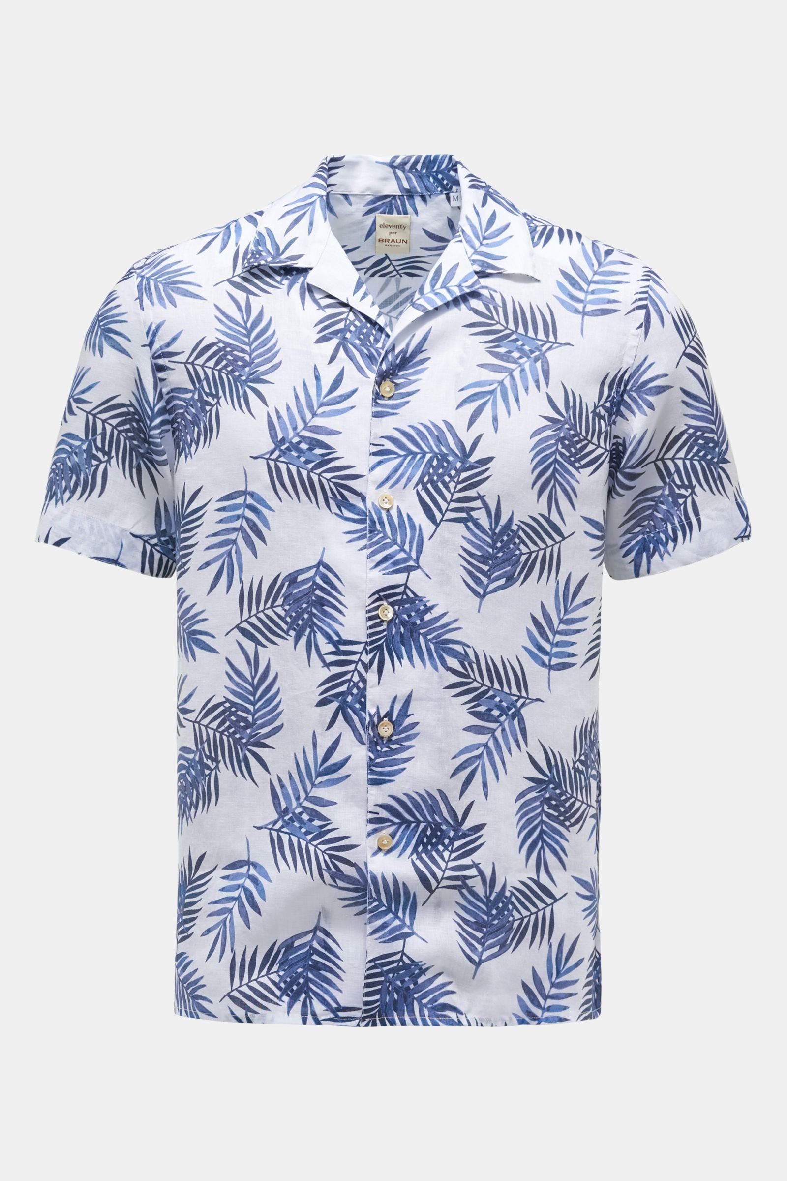 Linen short sleeve shirt Cuban collar navy/white patterned