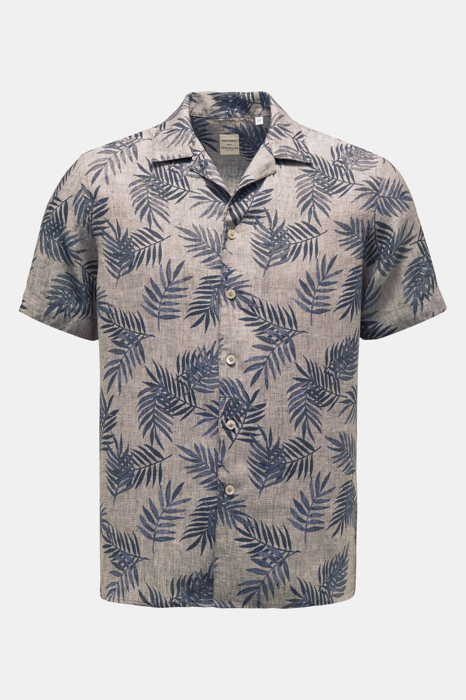 Linen short sleeve shirt Cuban collar grey-brown/navy patterned