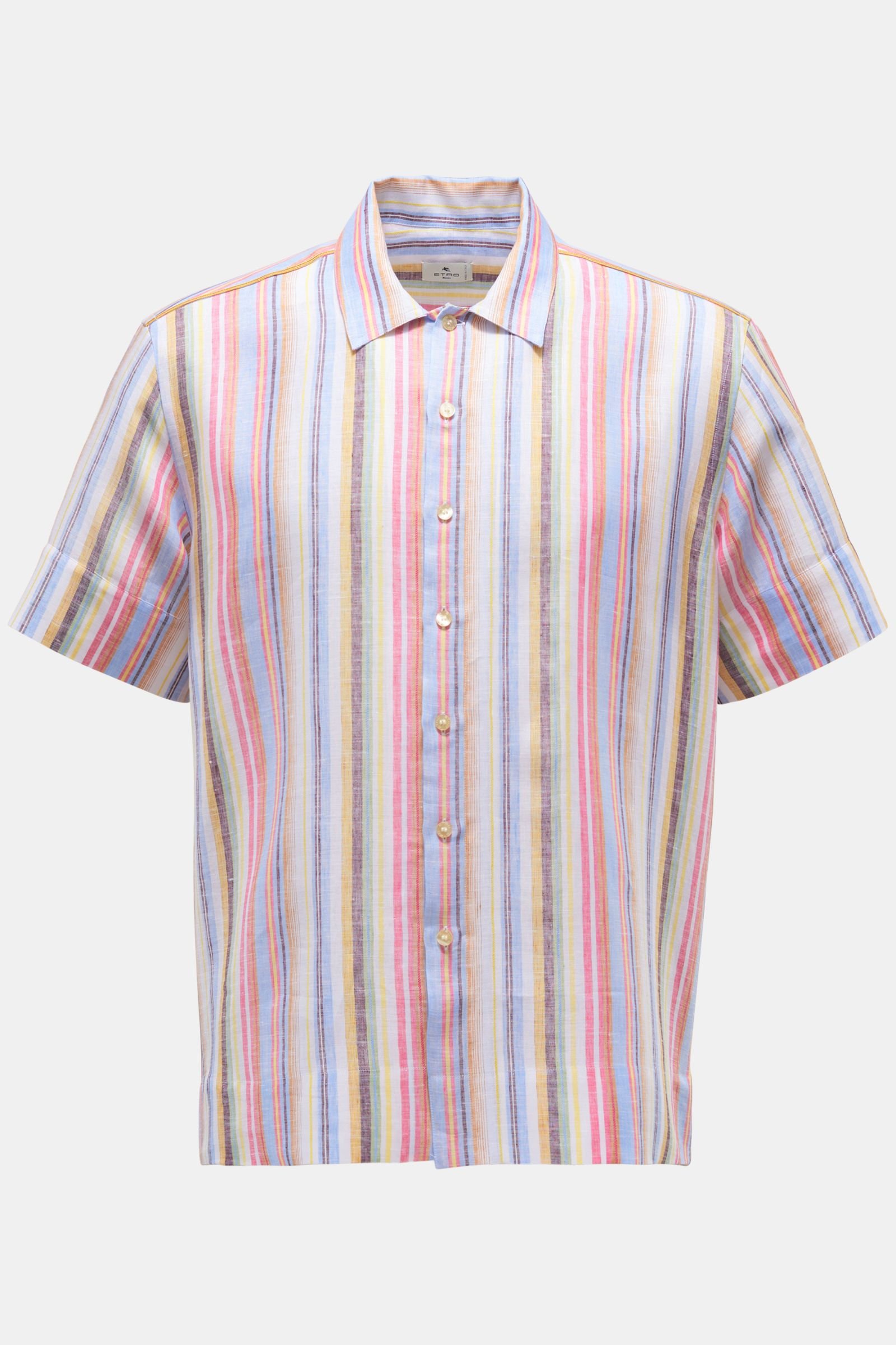 Linen short sleeve shirt narrow collar light blue/light red/yellow striped