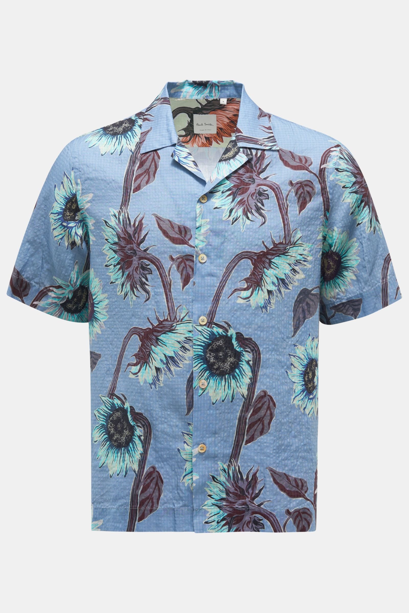 Seersucker short sleeve shirt Cuban collar smoky blue patterned