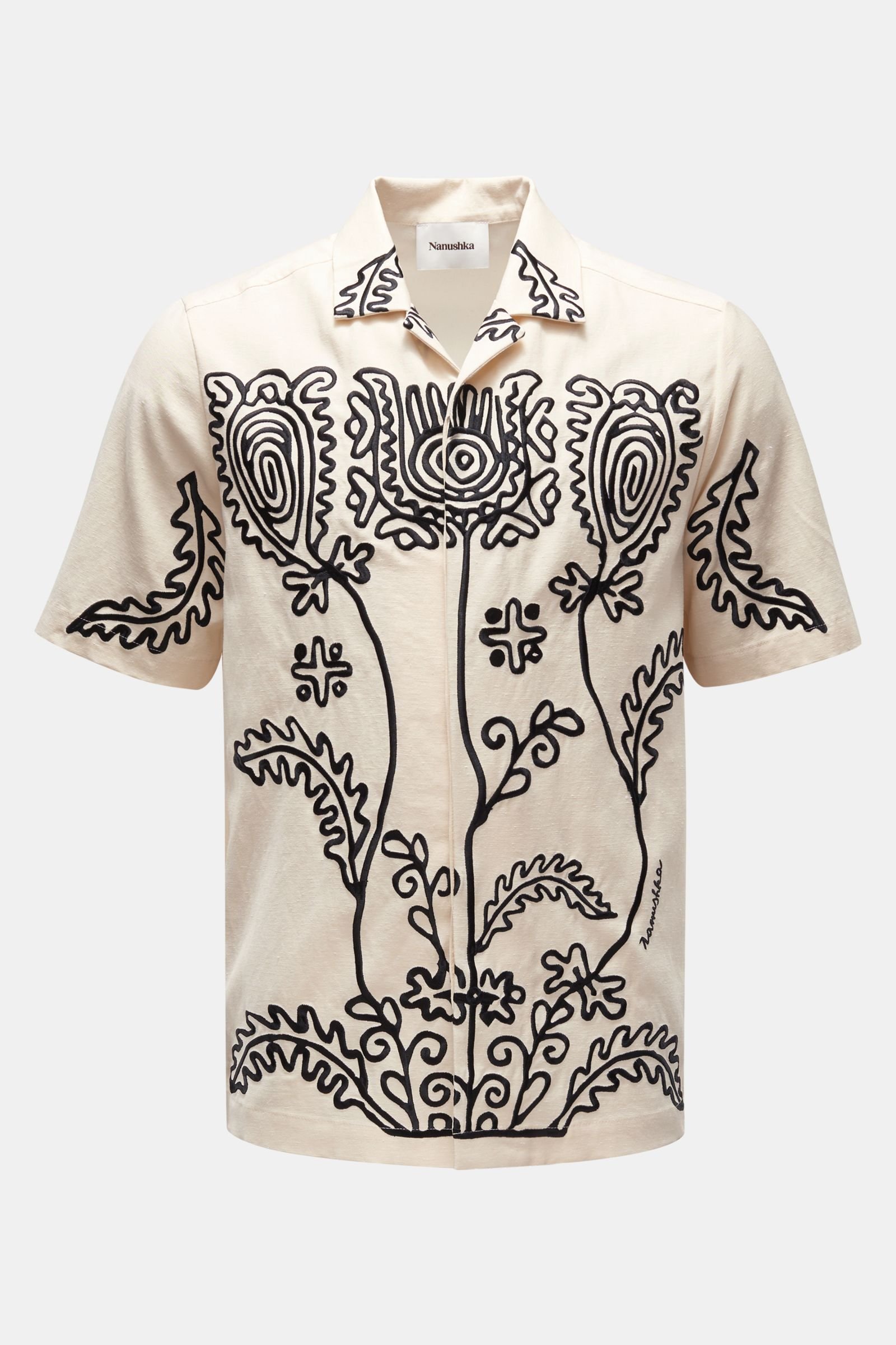 Short-sleeved shirt 'Bodil' Cuban collar cream/black patterned