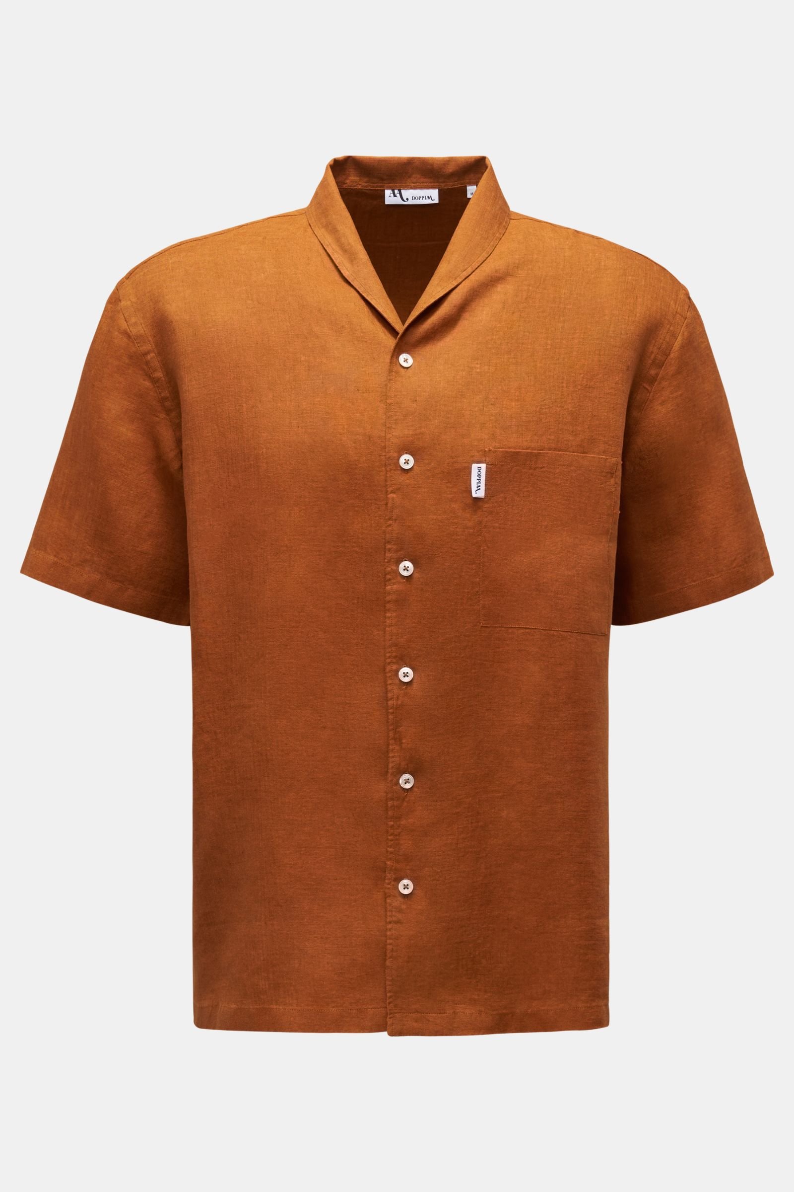Linen short sleeve shirt 'Aarpino' shawl collar rust brown