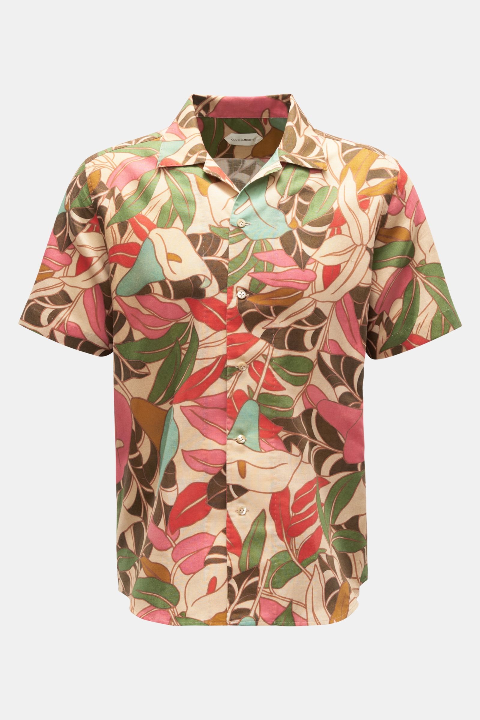 Short sleeve shirt Cuban collar red/light brown/green patterned