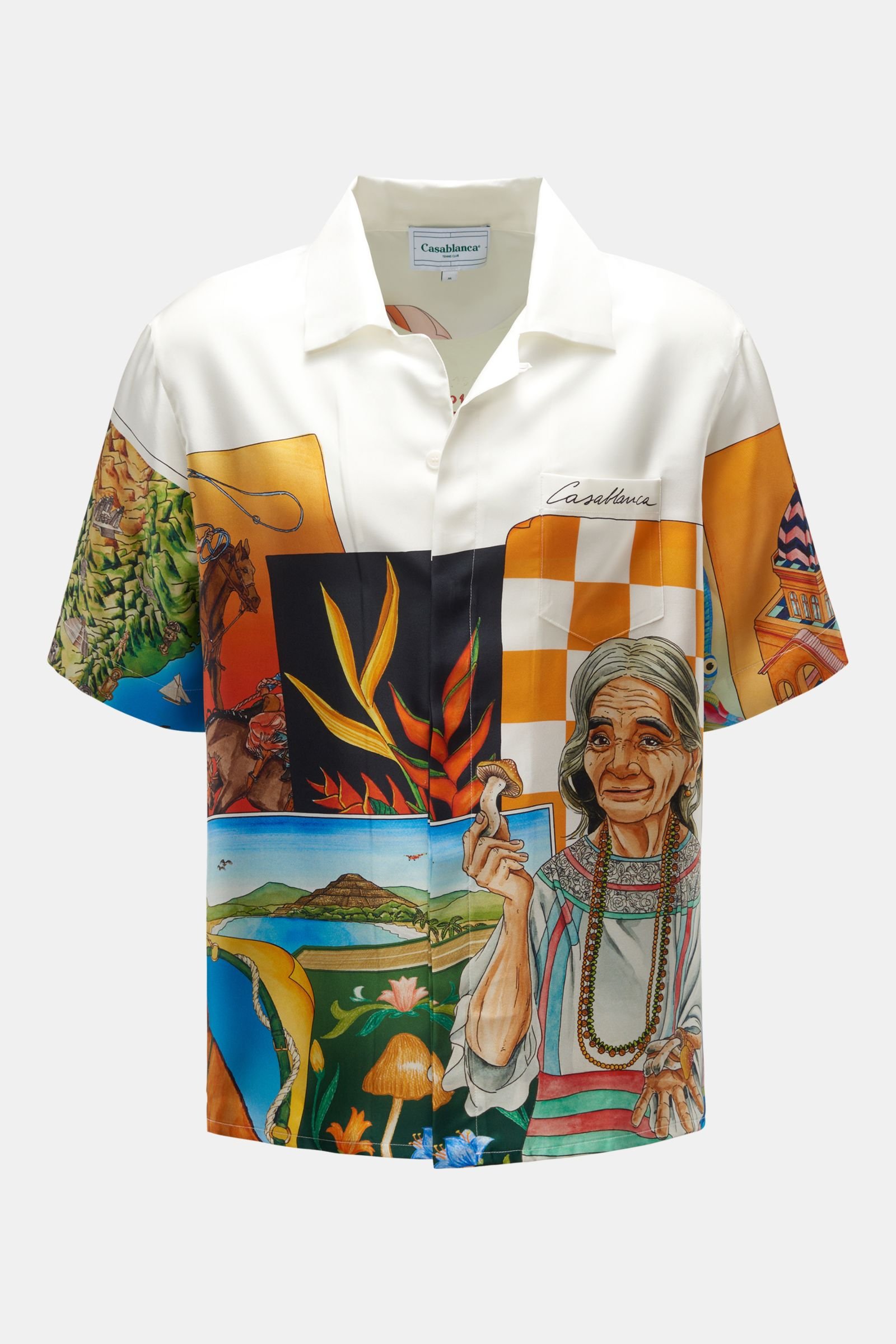 Silk short sleeve shirt 'Maria' Cuban collar orange/blue patterned