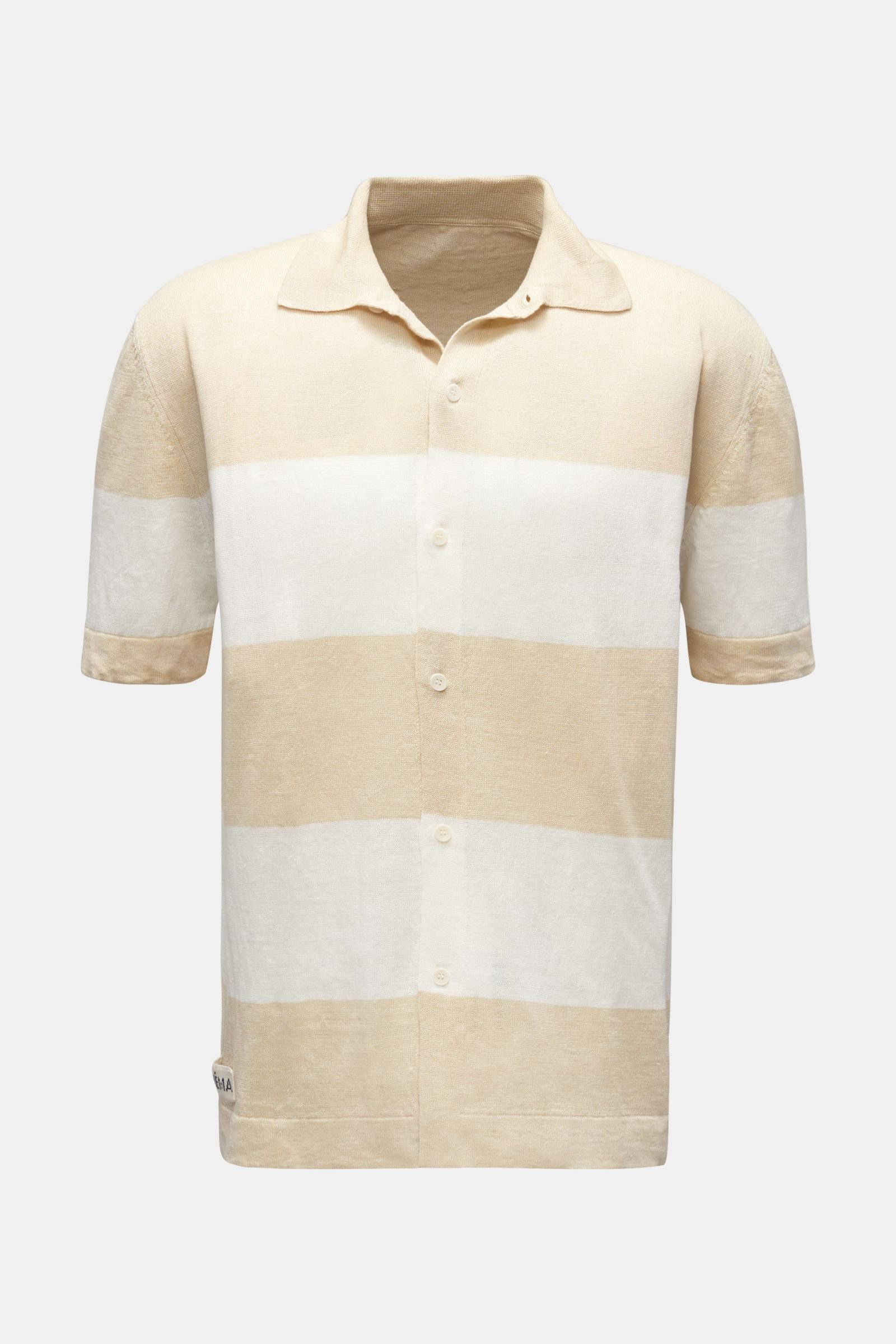 Linen short sleeve knit shirt narrow collar beige/white striped
