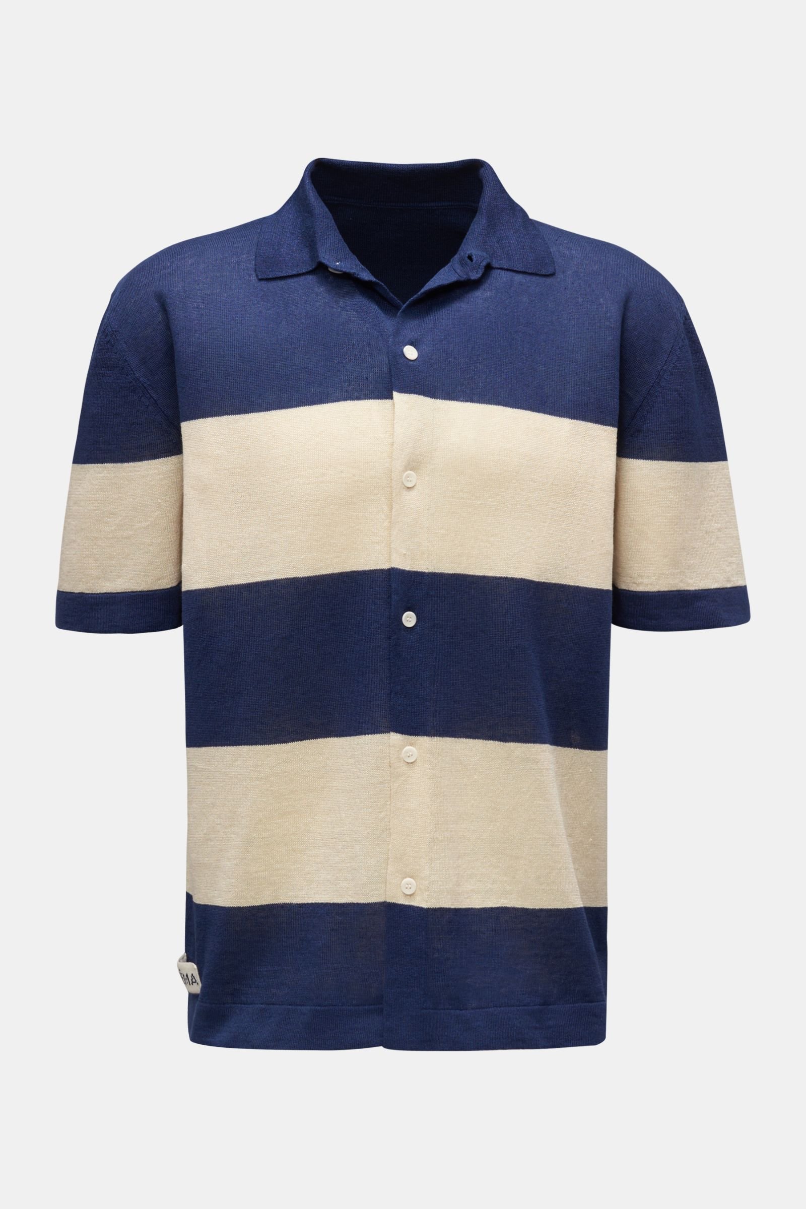 Linen short sleeve knit shirt narrow collar navy/beige striped