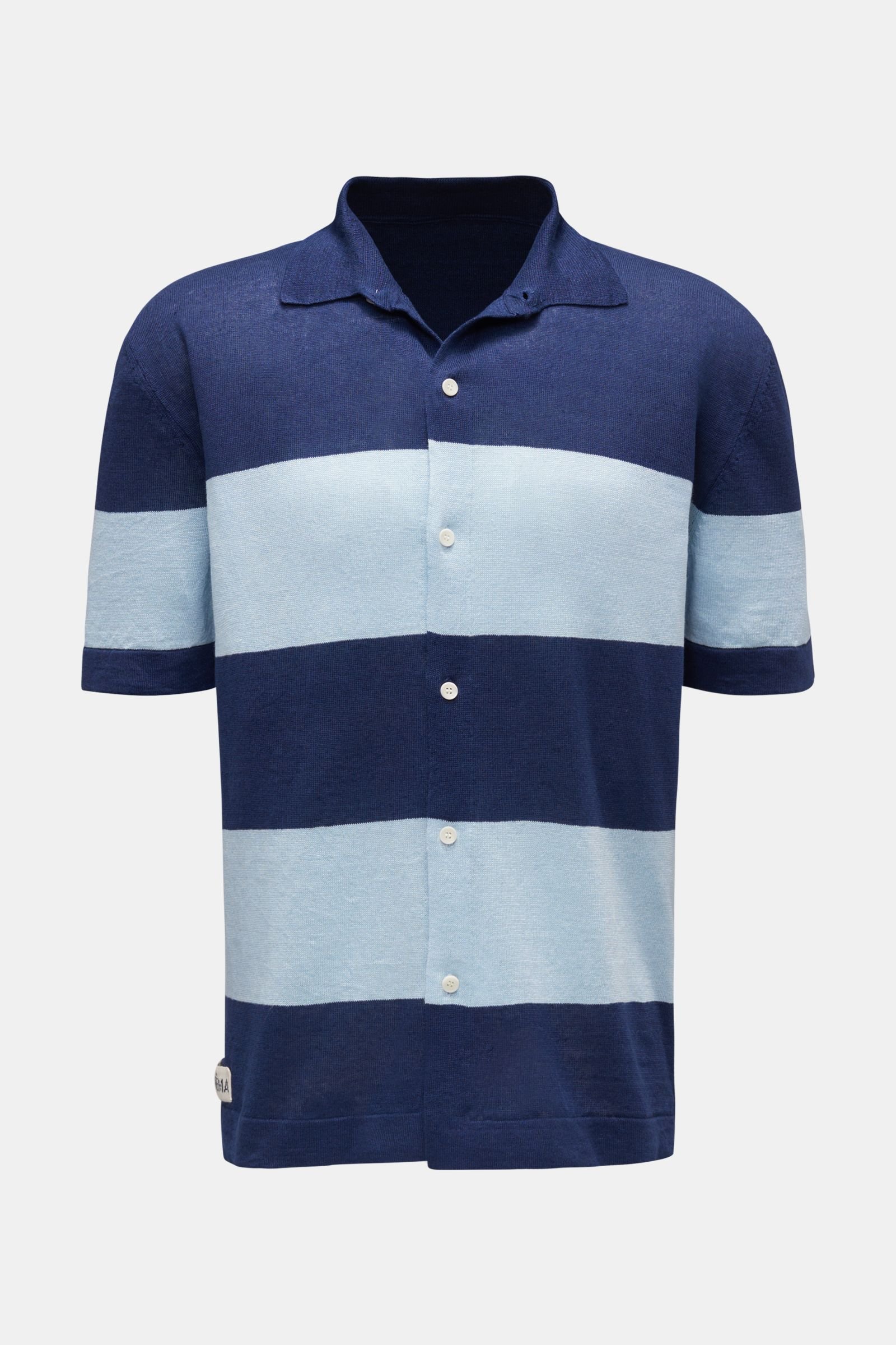 Linen short sleeve knit shirt narrow collar navy/light blue striped