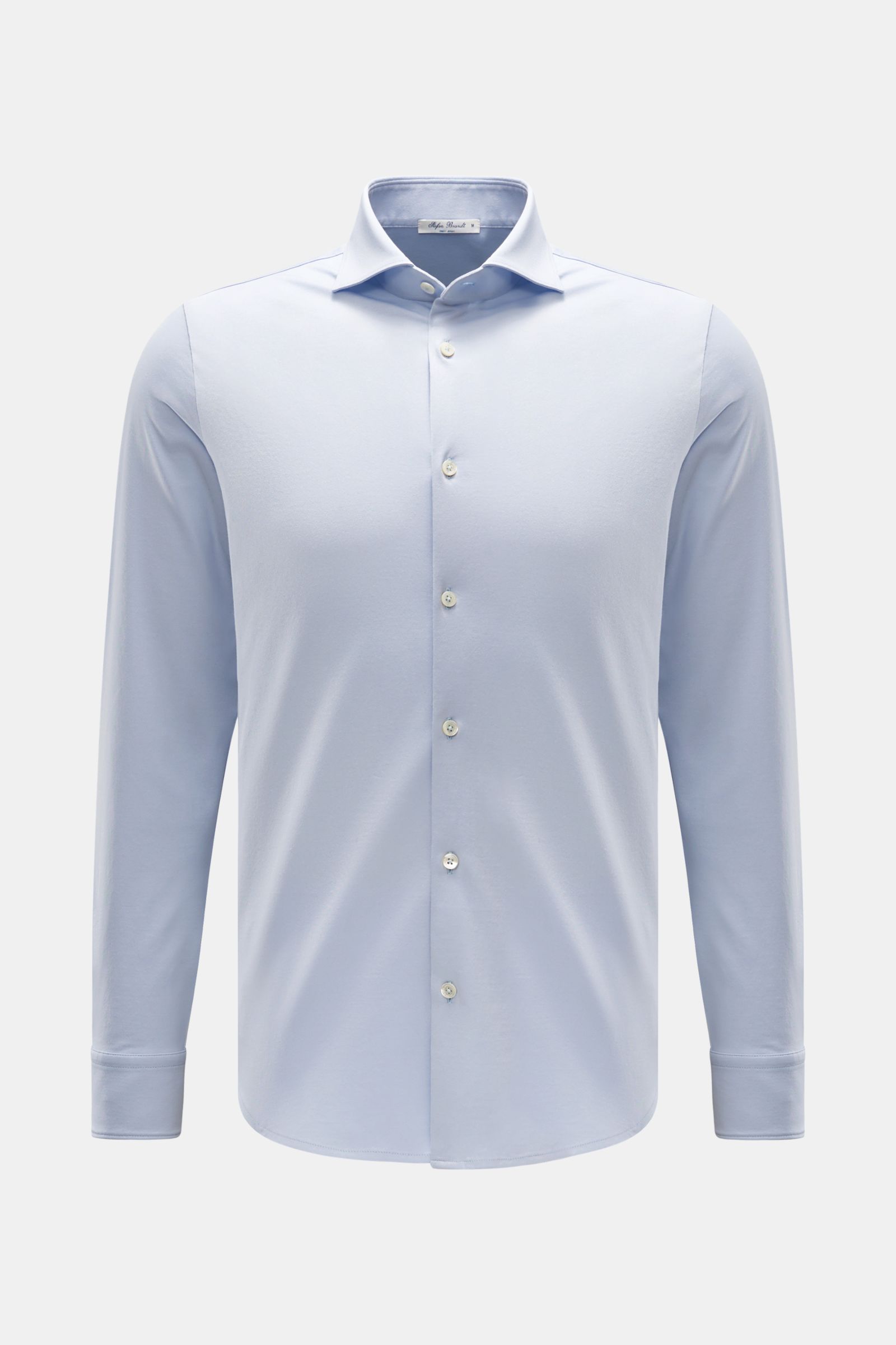 Stefan Brandt Jersey-Hemd 'Otis' Haifisch-Kragen hellblau, Slim Fit, reine Pima-Baumwolle, Perlmuttknöpfe, Sportmanschette, gerundeter Saum, Frontansicht.