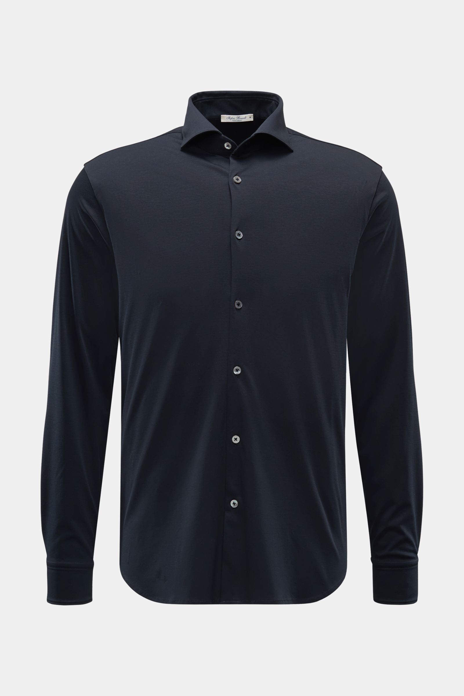 Stefan Brandt Jersey-Hemd 'Otis' Haifisch-Kragen navy, Slim Fit, glatter Griff, Perlmuttknöpfe, Sportmanschette, gerundeter Saum, frontale Ansicht.