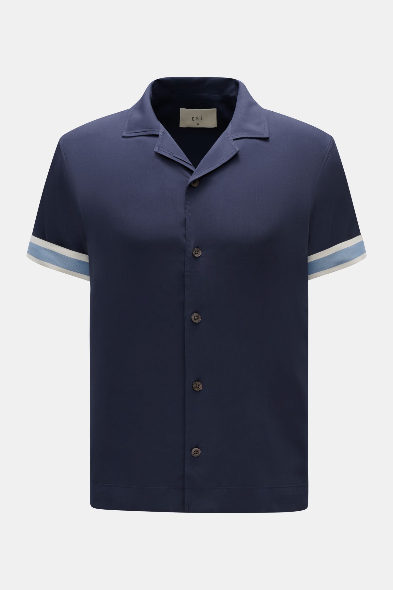 Ché Kurzarmhemd 'Valbonne' Kubanischer Kragen navy, oversized, frontale Ansicht, Viskose, Kontraststreifen innen an Ärmeln, Knopfleiste.