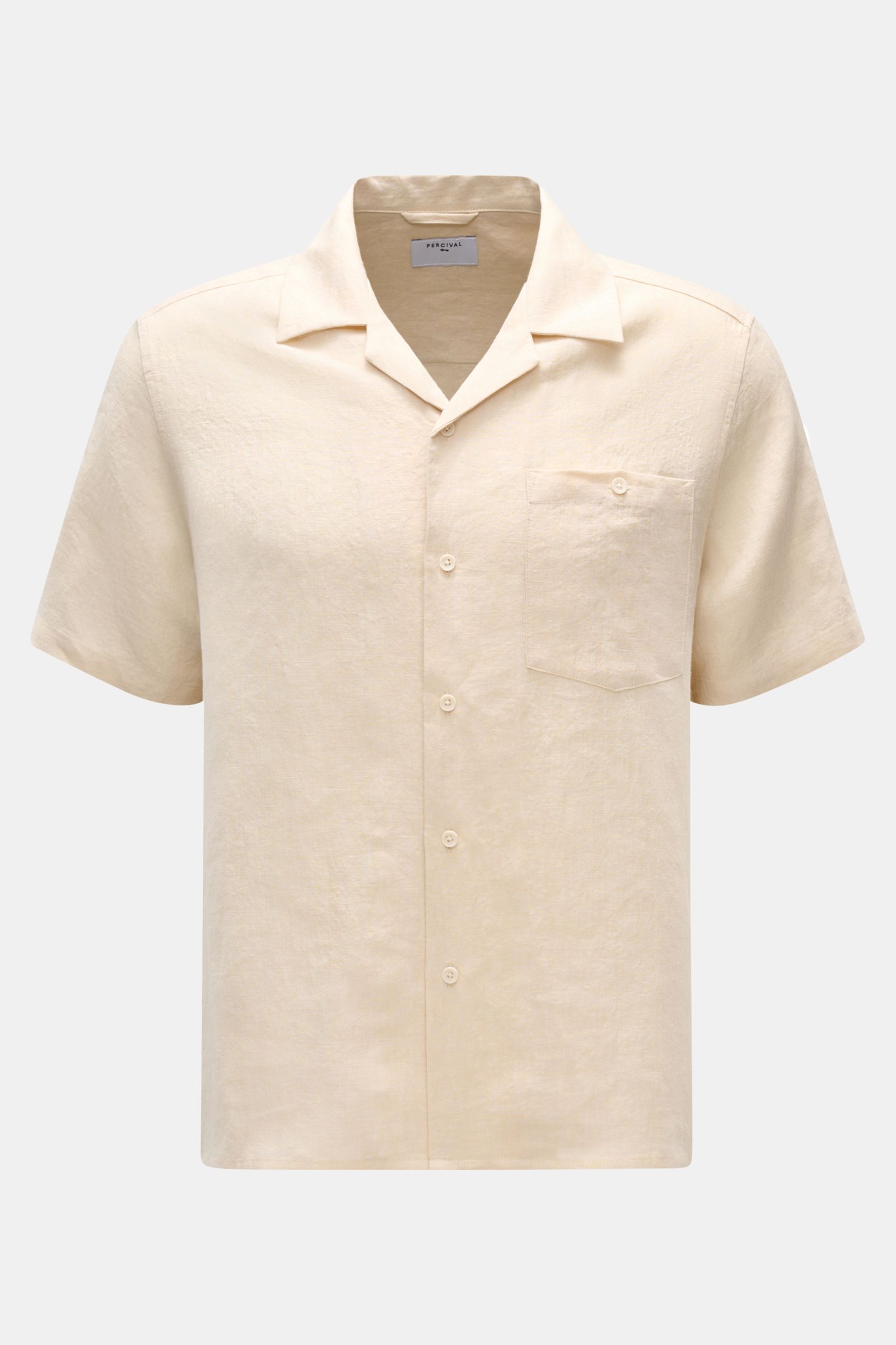 Front view of Percival Linen short sleeve shirt Cuban collar beige, made of pure linen with lightweight texture, patch pocket, buttons. Cool, lightweight and antibacterial: Linen’s natural qualities make it the perfect summer material. PERCIVAL has chosen