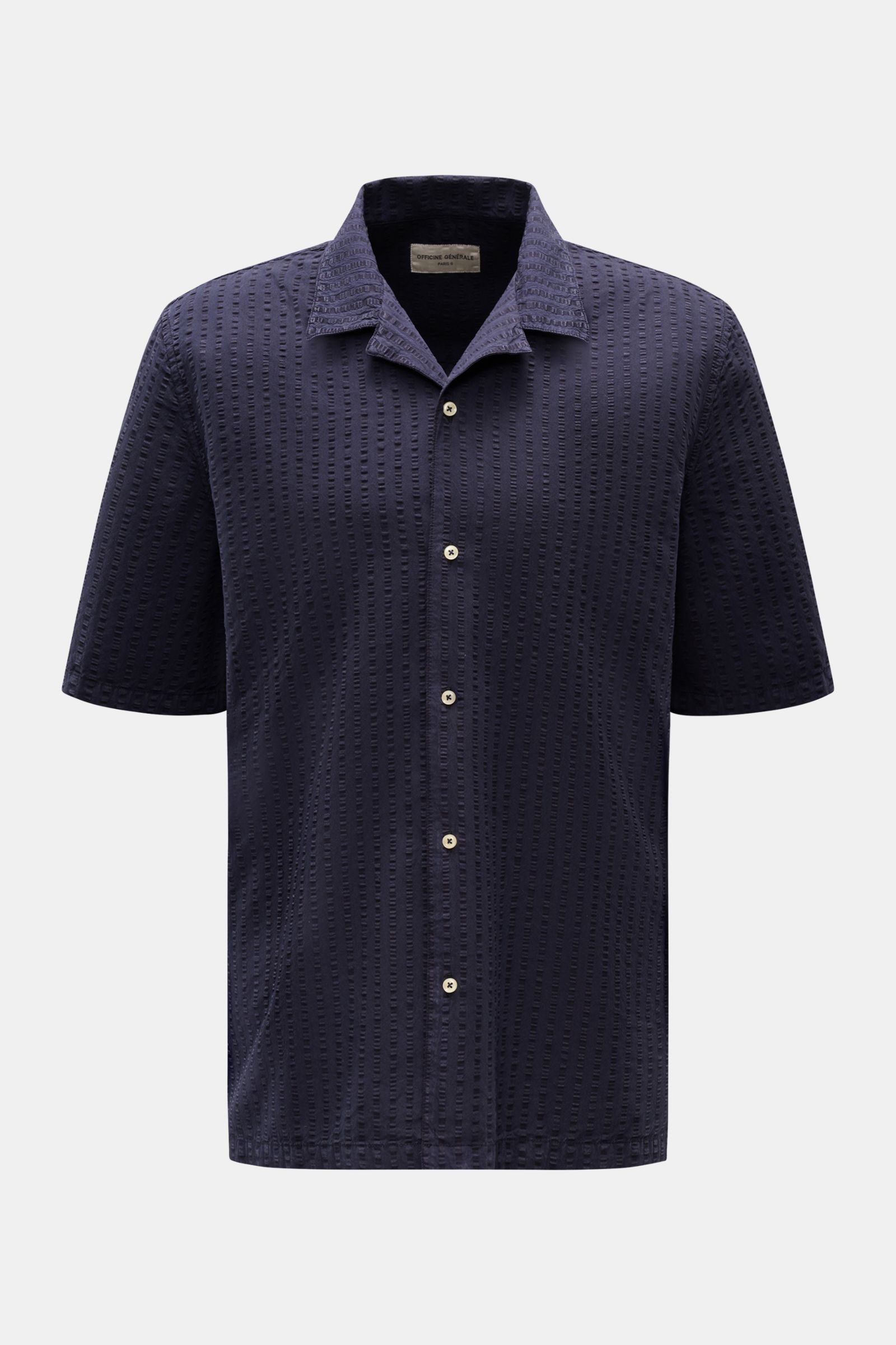 Front view of Officine Générale Short sleeve shirt 'Eren' Cuban collar navy in lightweight seersucker with French button placket, oversized fit, and straight hem.  

Get a casual look for warm days: This short sleeve shirt by OFFICINE GÉNÉRALE has a li