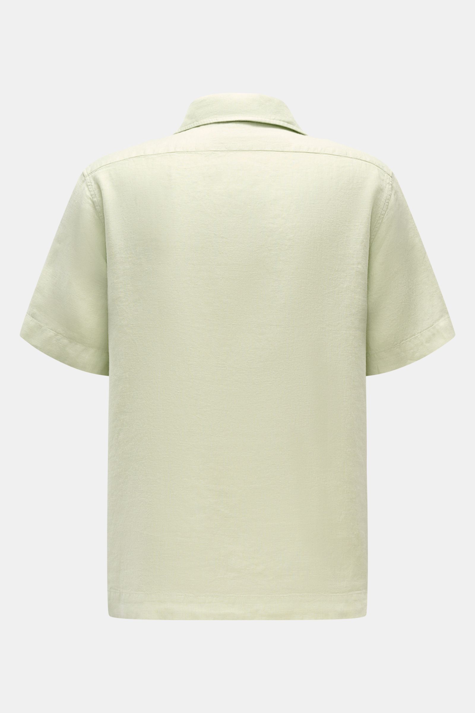 Rückansicht des pastellgrünen 04651/ A trip in a bag Leinen-Kurzarmhemd Kubanischer Kragen aus luftigem, reinem Leinen.