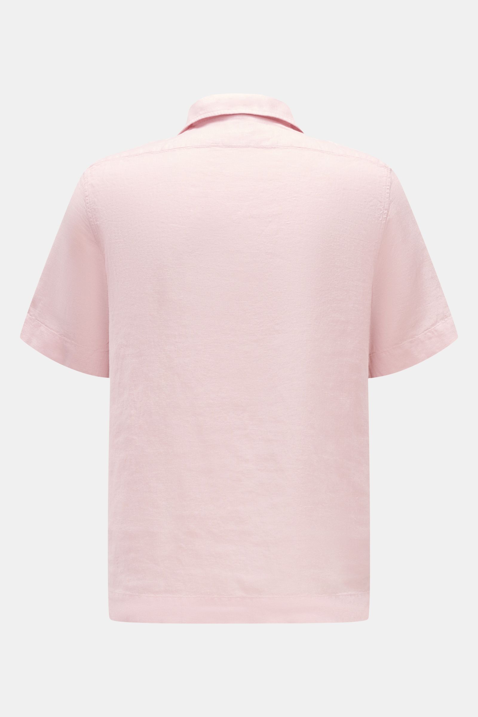 Rückansicht des roséfarbenen 04651/ A trip in a bag Leinen-Kurzarmhemd Kubanischer Kragen, aus luftigem, reinem Leinen, Regular Fit.