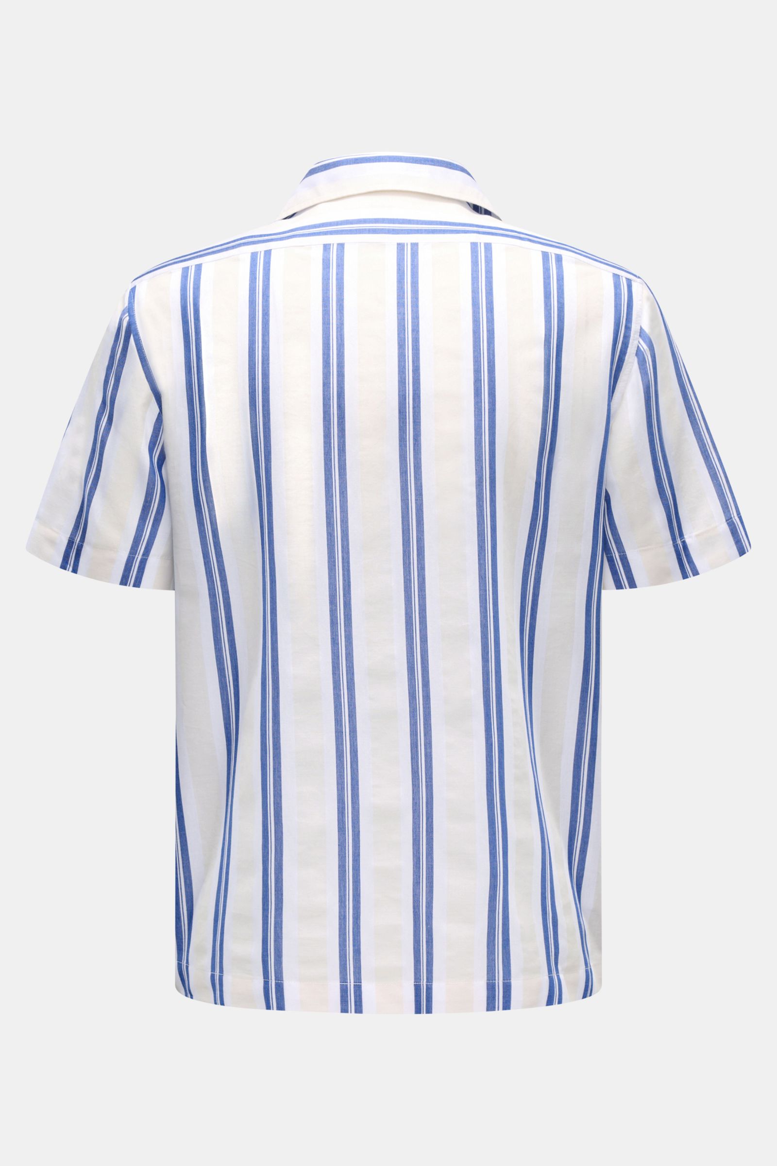 Back view of 04651/ A trip in a bag Leinen-Kurzarmhemd Kubanischer Kragen pastellgelb, a short-sleeve linen shirt with blue vertical stripes, Cuban collar, and regular fit, photographed on a neutral background. Mühelose 