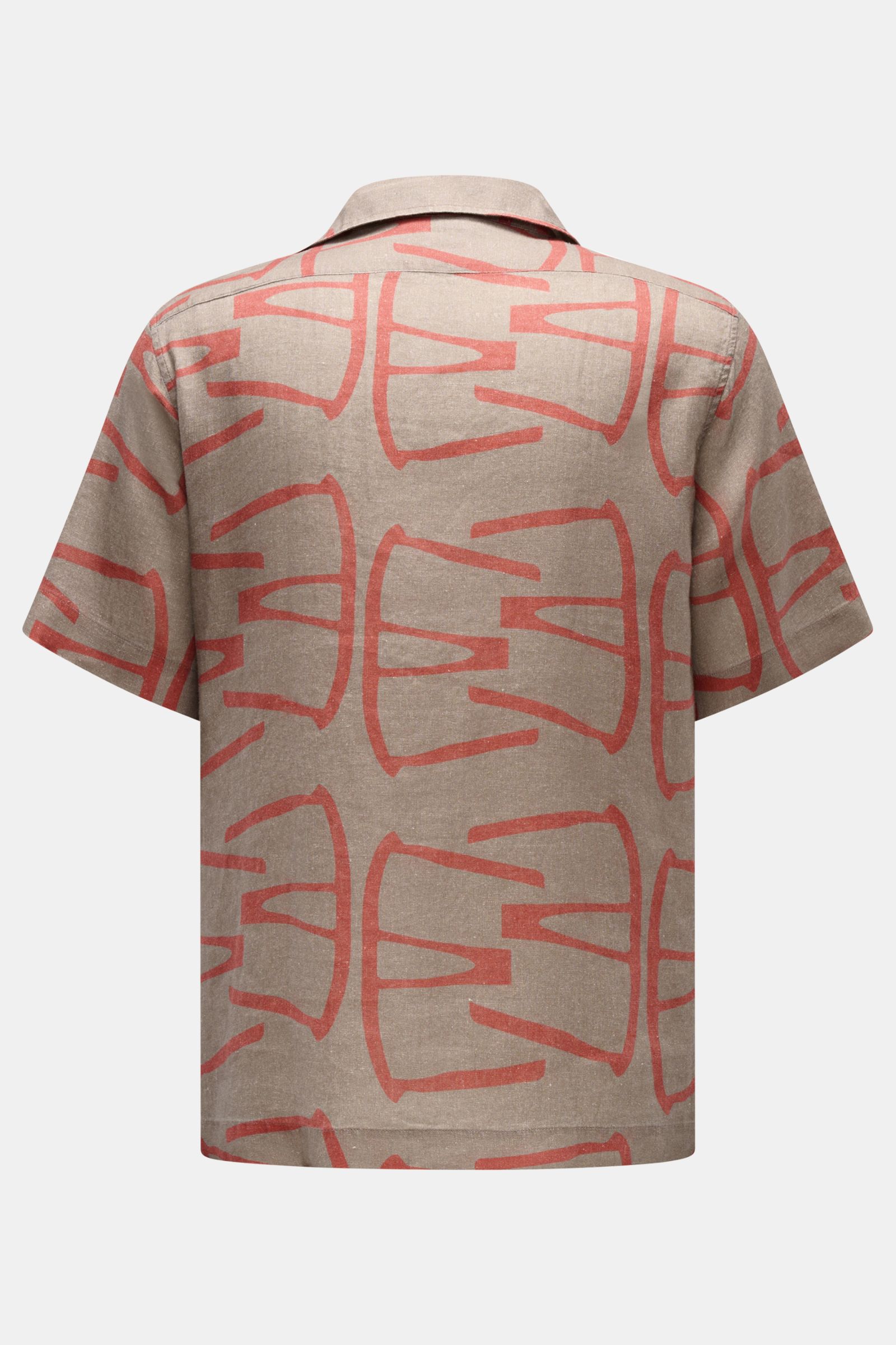 04651/ A trip in a bag Leinen-Kurzarmhemd Kubanischer Kragen taupe/rot gemustert