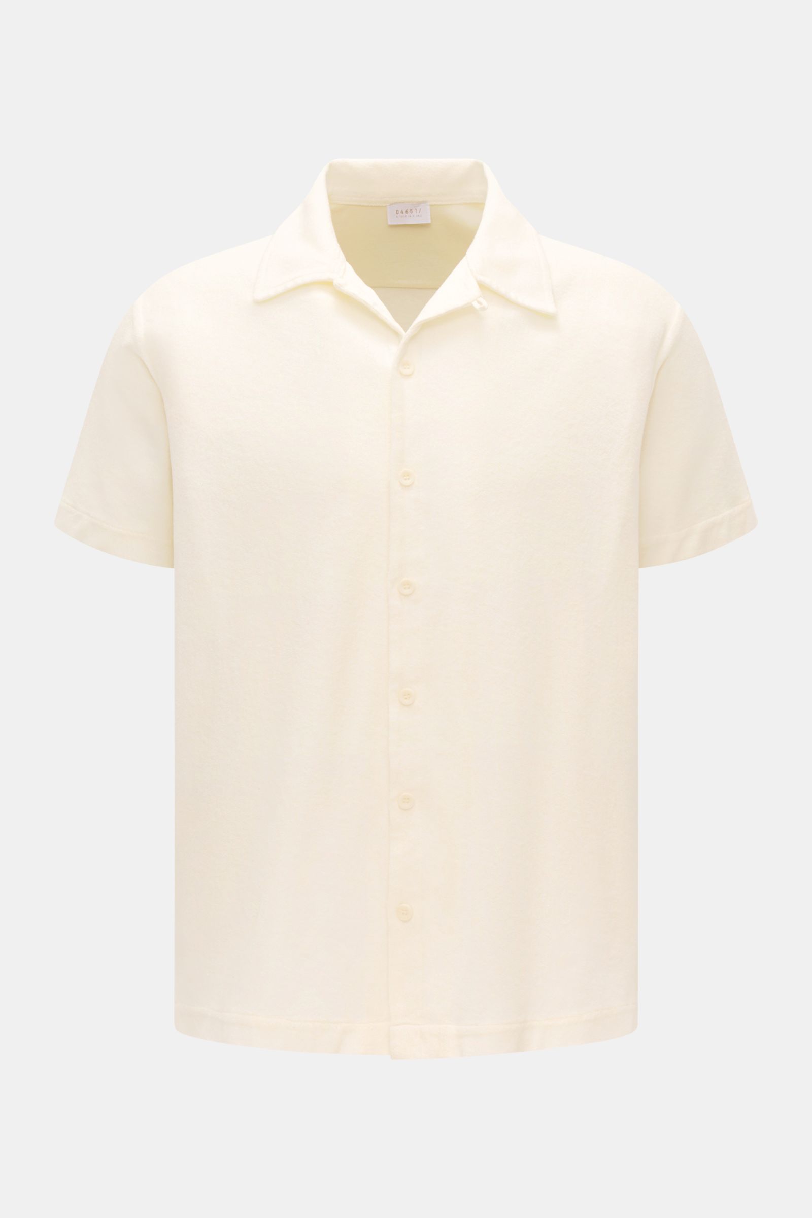 04651/ A trip in a bag Frottee-Kurzarmhemd 'Terry Cuba' weiß, frontale Ansicht, Regular Fit, kubanischer Kragen, Baumwoll-Frottee, weich, mit Knopfleiste.