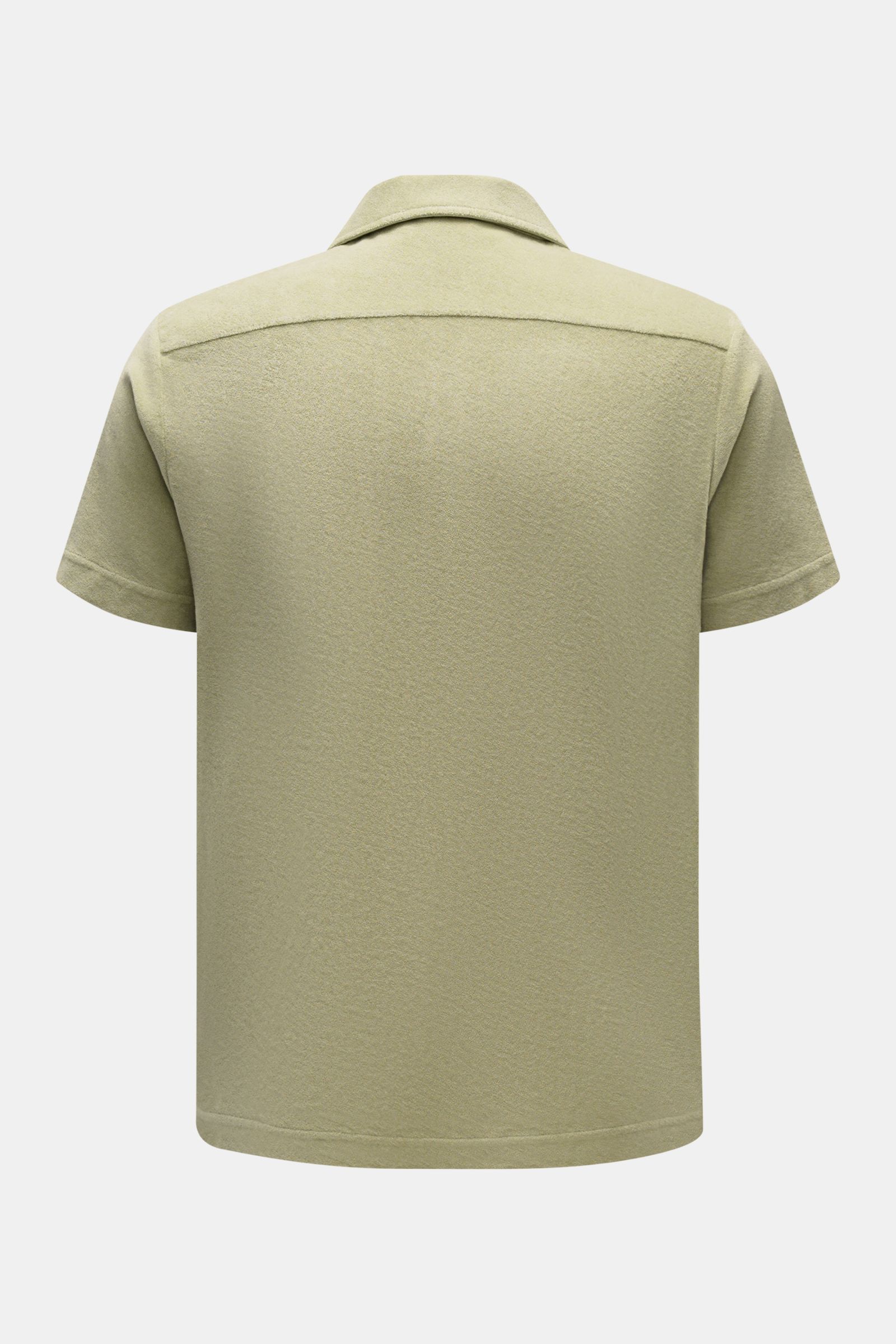 04651/ A trip in a bag Frottee-Kurzarmhemd 'Terry Cuba' salbei, Rückansicht, Baumwoll-Frottee, Regular Fit, kubanischer Kragen, kurze Saumschlitze.