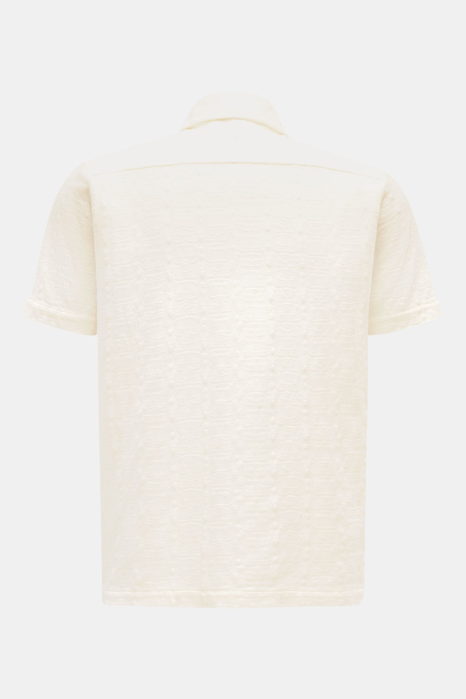 Rear view of 04651/ A trip in a bag Jersey-Kurzarmhemd 'Abstract' Kubanischer Kragen creme, showing textured cream cotton fabric. Eyecatcher aus Jersey: Das Kurzarmhemd von 04651/ A TRIP IN A BAG wird mit seinem komfortablen sowie atmungsaktiven Baumwollm