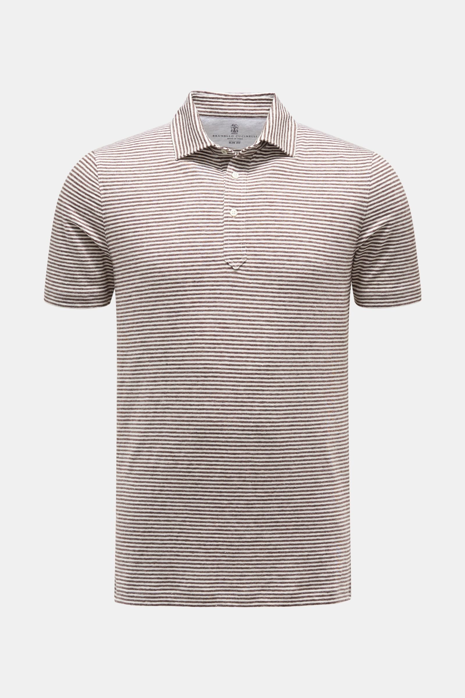 Linen polo shirt dark brown/off-white striped