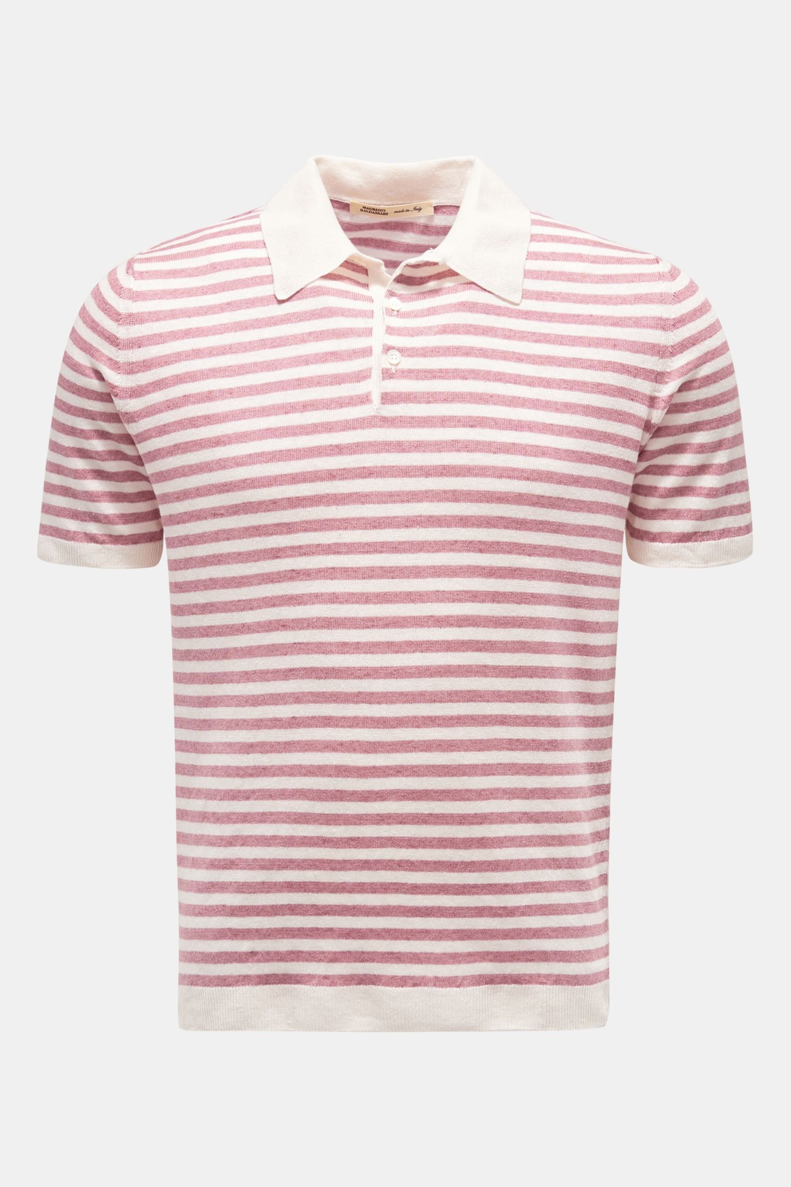 Linen short-sleeved knit polo antique rose/cream striped