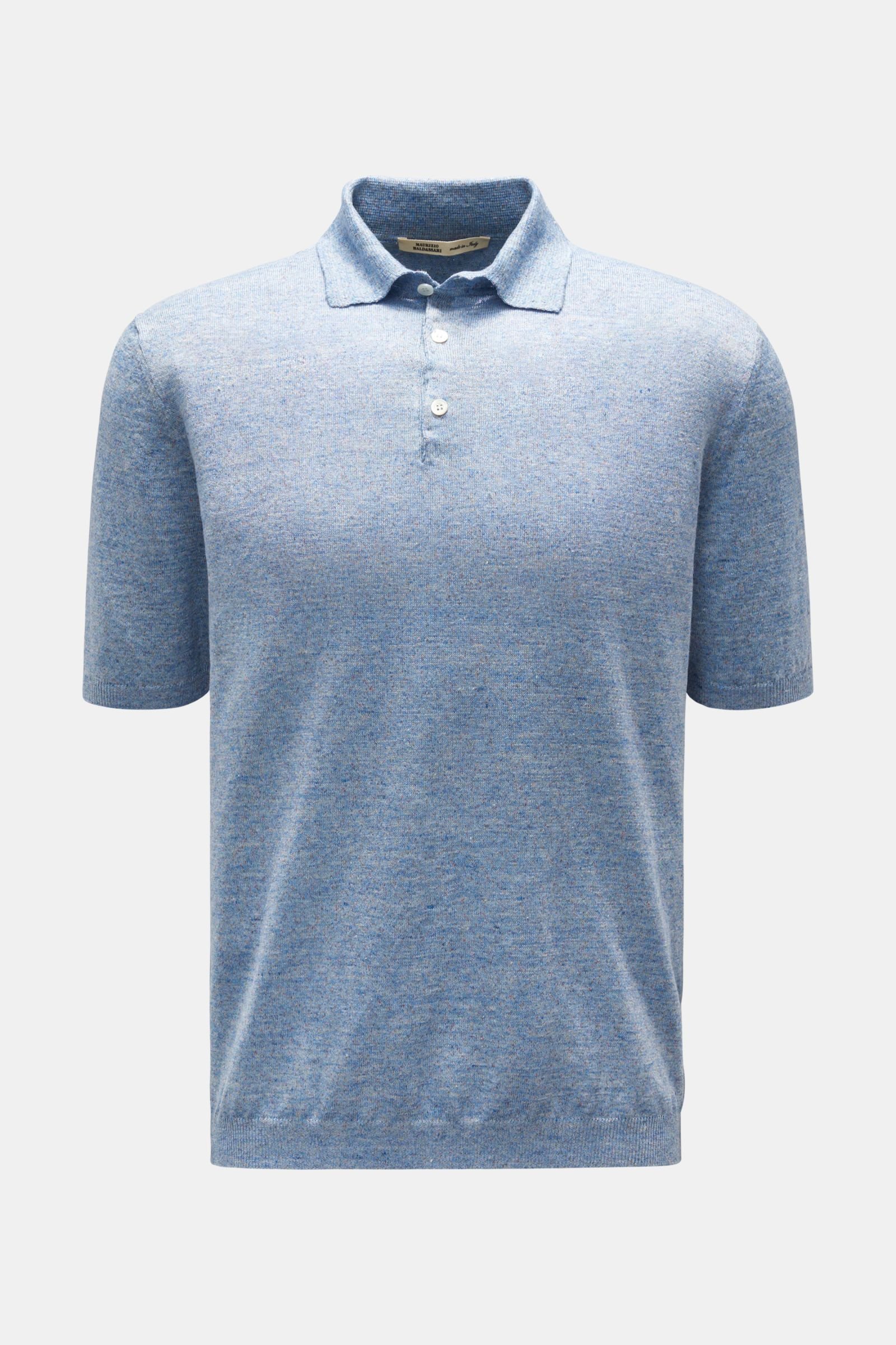 Linen short sleeve knit polo in smoky blue
