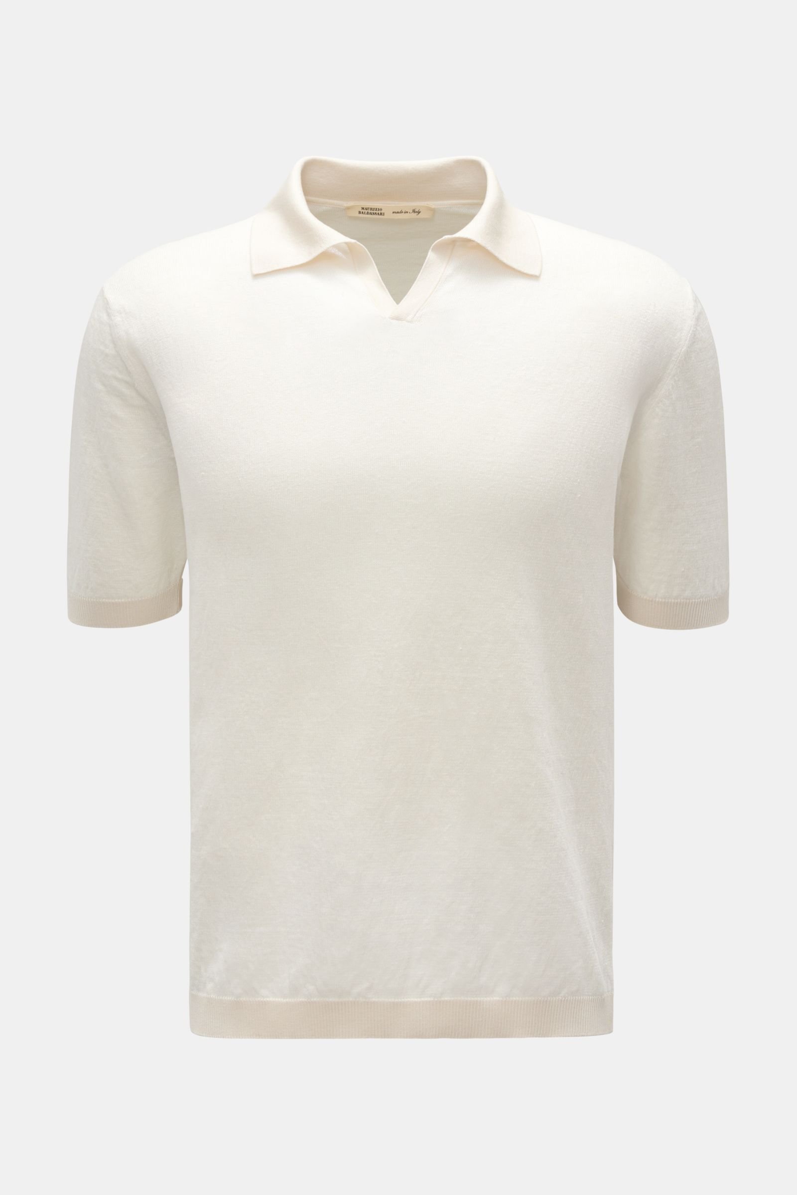 Linen short sleeve knit polo in off-white