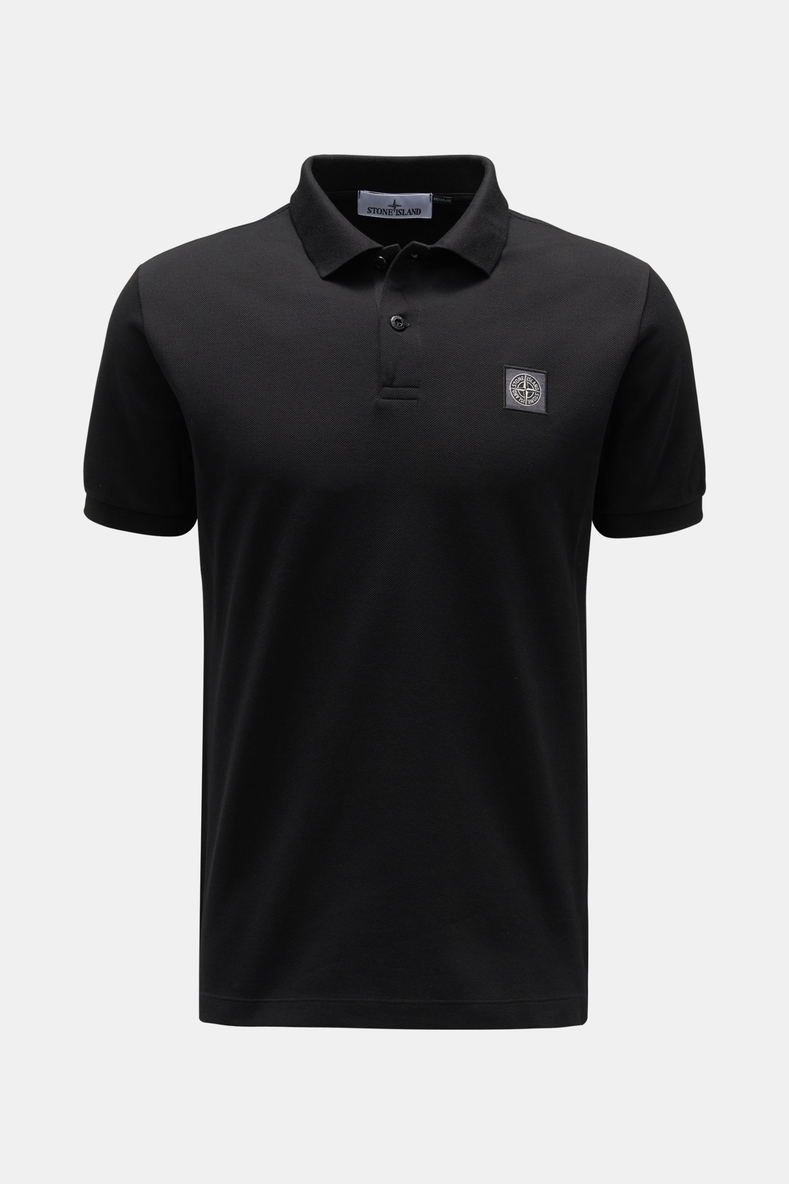 Front view of Stone Island Poloshirt schwarz, a classic black slim fit polo shirt made of pure cotton piqué with structured feel, garment dyed, featuring typical polo collar, smooth button placket, Stone Island web label on chest, flexible sleeve cuffs, a