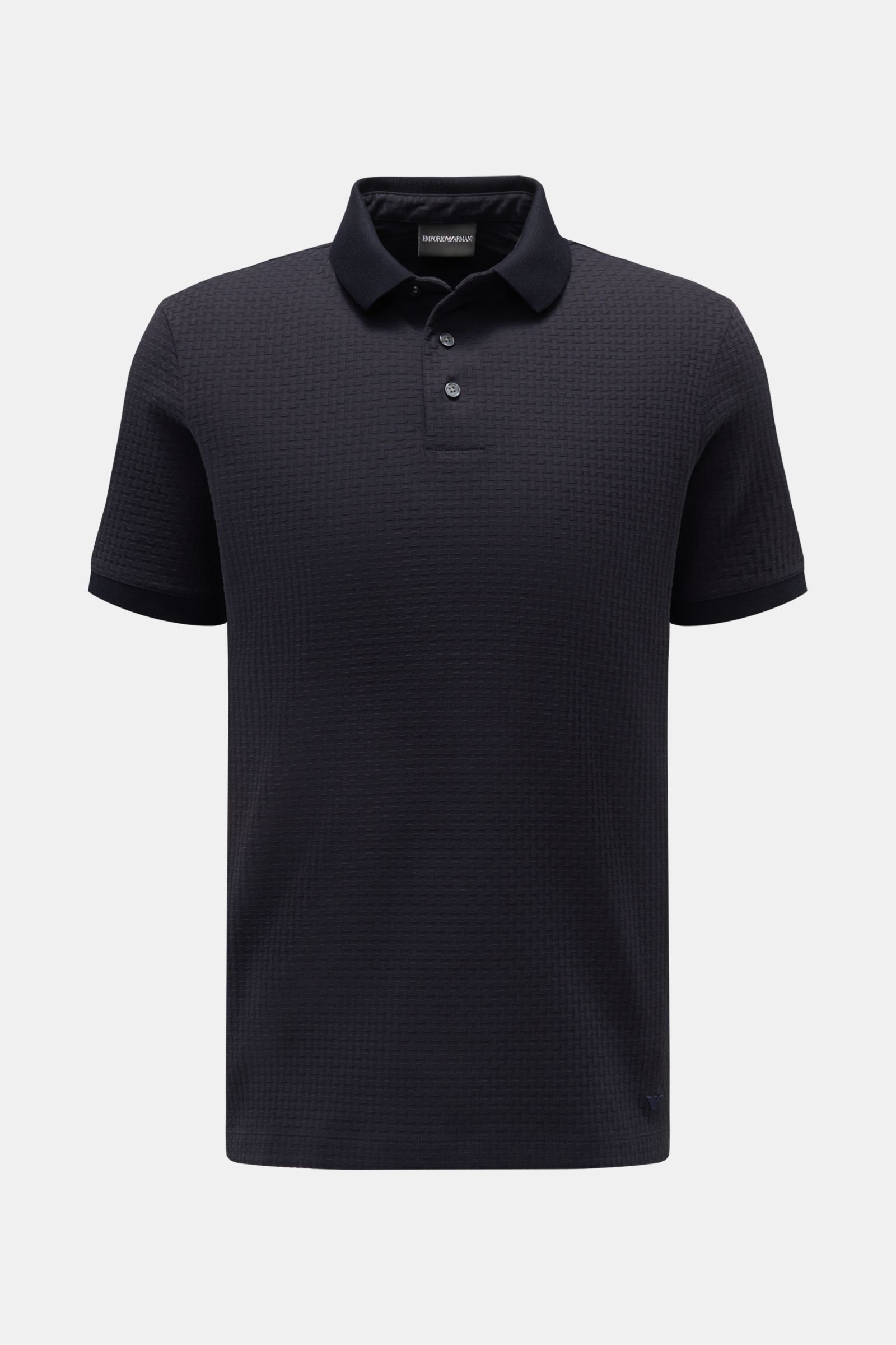 Emporio Armani Poloshirt navy, Slim Fit, Strukturjersey aus Baumwolle, Polokragen, Drei-Knopf-Leiste, gerader Saum, frontale Perspektive.