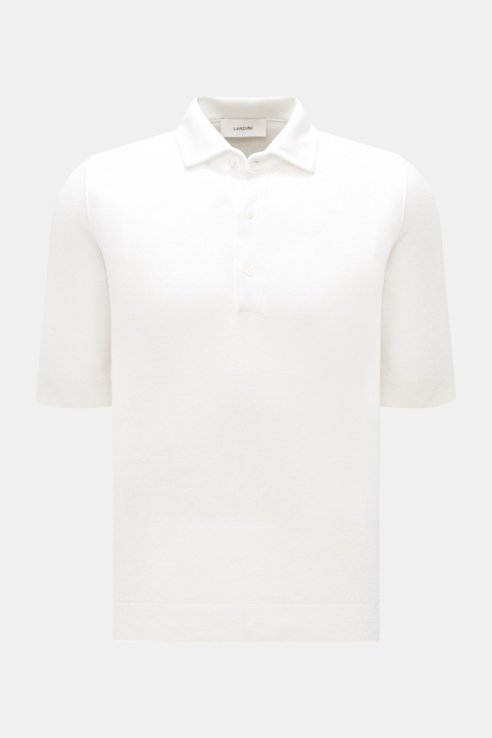 Lardini Kurzarm-Strickpolo offwhite, Slim Fit, aus Leinen-Baumwolle, feines Strickbild, Polokragen, Drei-Knopf-Leiste, frontal fotografiert.