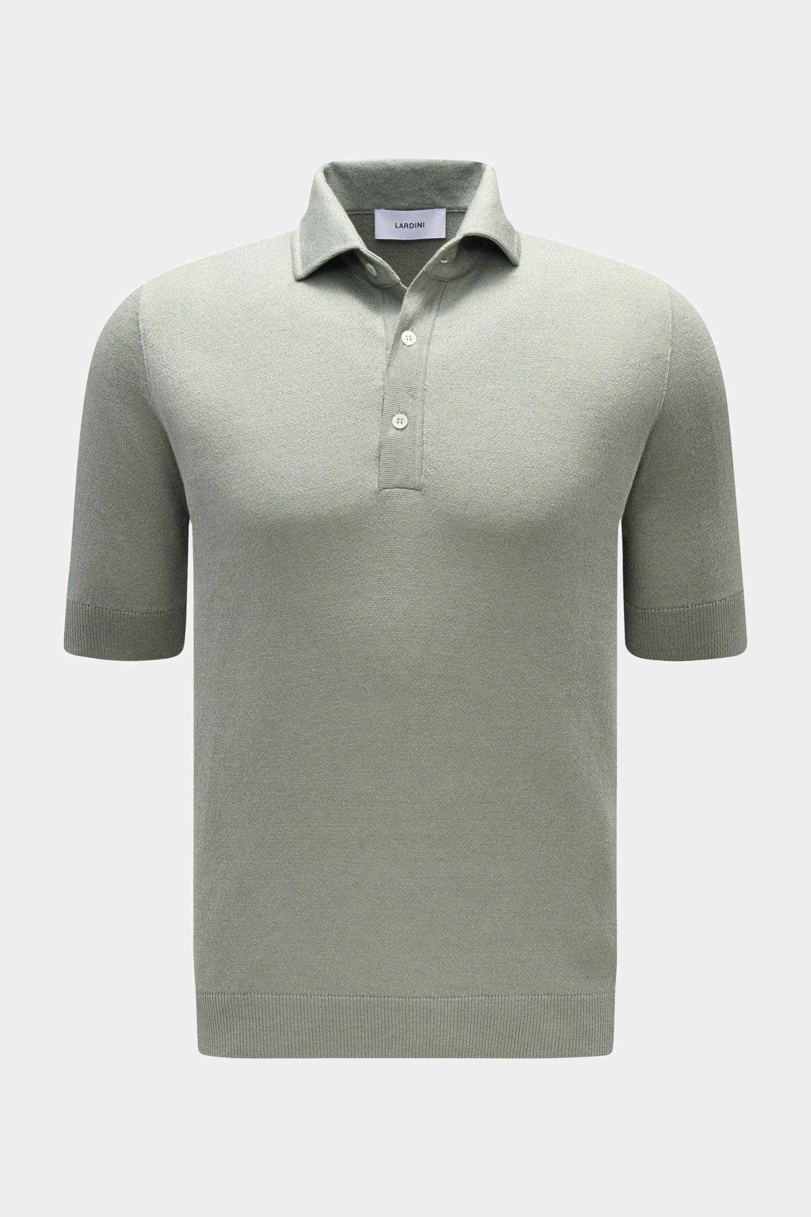 Front view of the Lardini Short sleeve knit polo sage in a fine, airy linen and cotton blend knit, slim fit with signature collar and three-button placket.