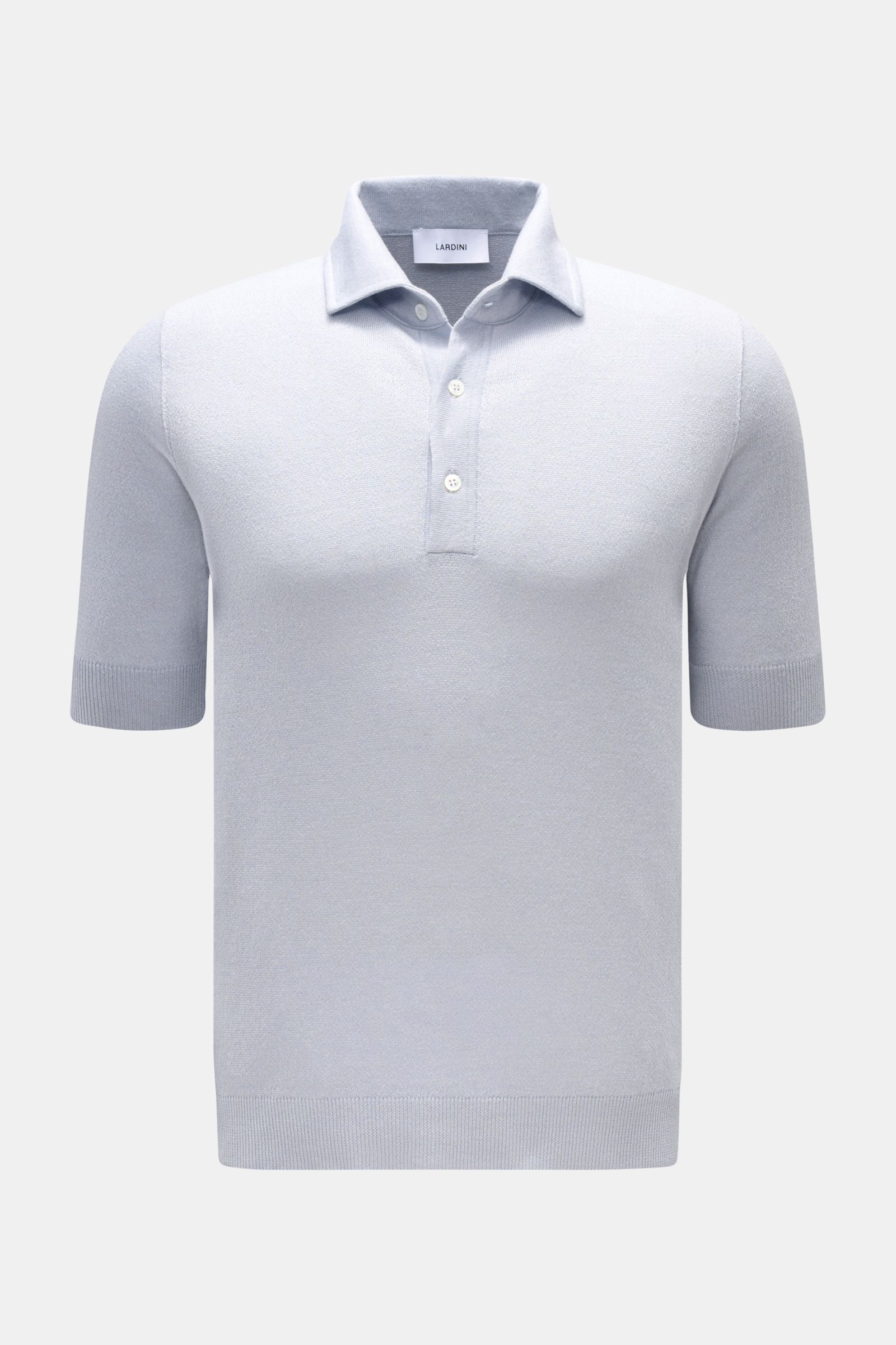 Front view of Lardini Short sleeve knit polo smoky blue in a slim fit, made from a linen and cotton blend with a fine airy knit, featuring a signature polo collar, three-button placket, and flexible ribbed bands. Elegance for warmer seasons, slightly robu