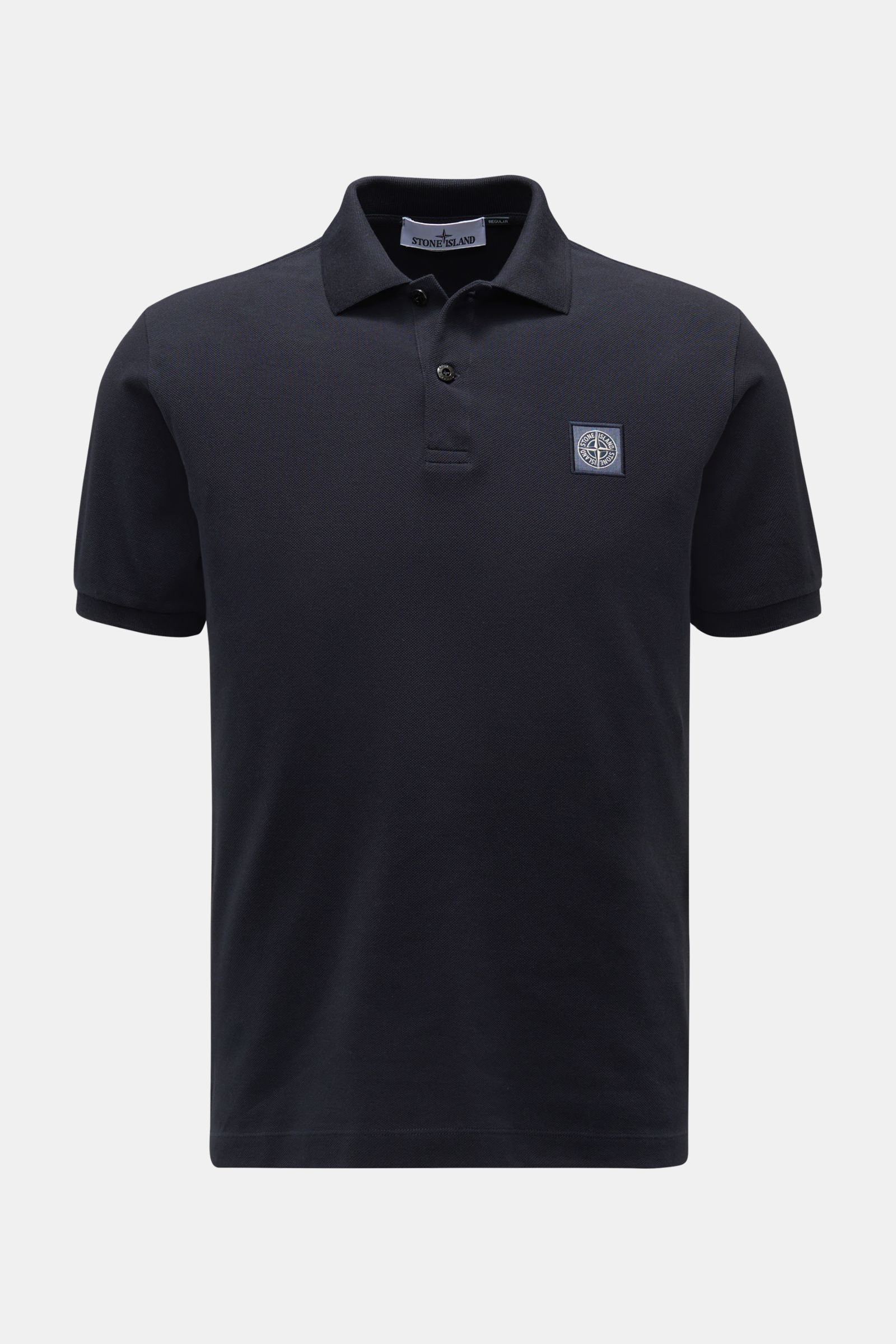 Front view of Stone Island Poloshirt navy, made of pure cotton piqué with a structured feel, slim fit, garment dyed, featuring a classic polo collar, smooth button placket, Stone Island patch, flexible sleeve cuffs, and side slits, perfect for sporty men'