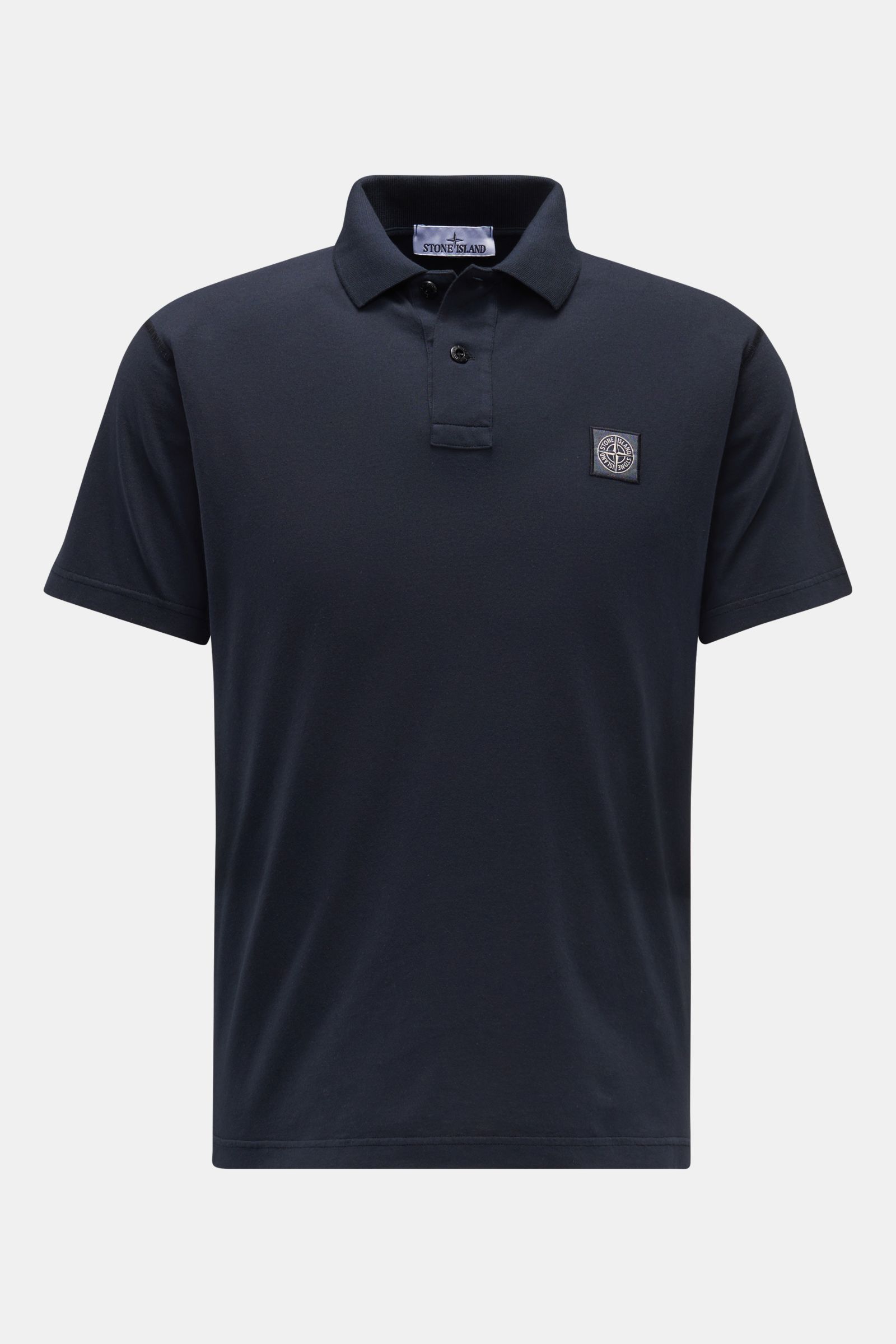 Front view of Stone Island Jersey-Poloshirt navy in slim fit, made of soft pure cotton jersey, featuring a classic polo collar, two-button placket, and STONE ISLAND patch.