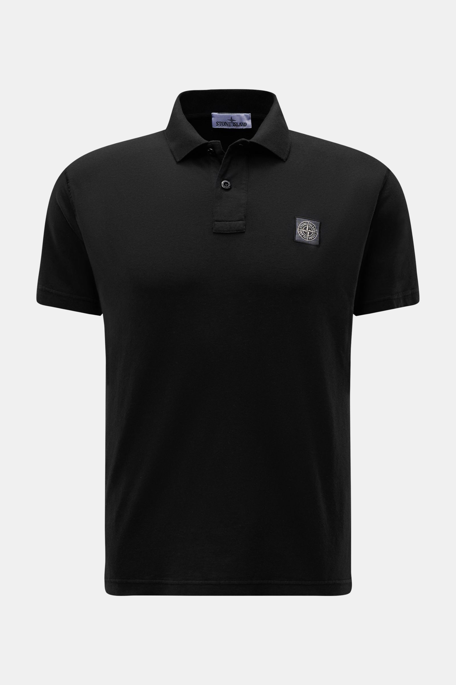 Front view of Stone Island Jersey polo shirt black, slim fit with signature collar, two-button placket, and fabric label on chest.

This lightweight polo shirt is a must-have for sporty men’s wardrobes: Made of cotton jersey, this timeless model by STO