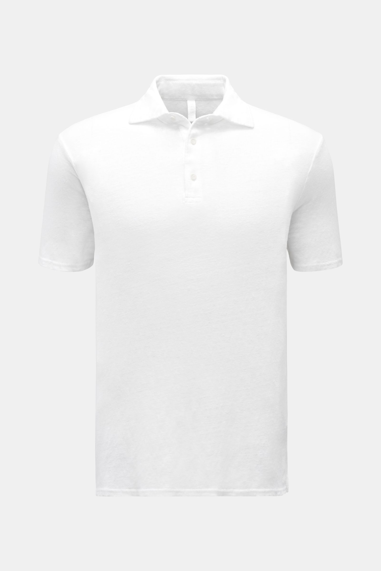 Weißes 04651/ A trip in a bag Leinen Jersey-Poloshirt Slim Fit in Frontansicht mit elastischem Leinen, Konfektionskragen und Drei-Knopf-Leiste.