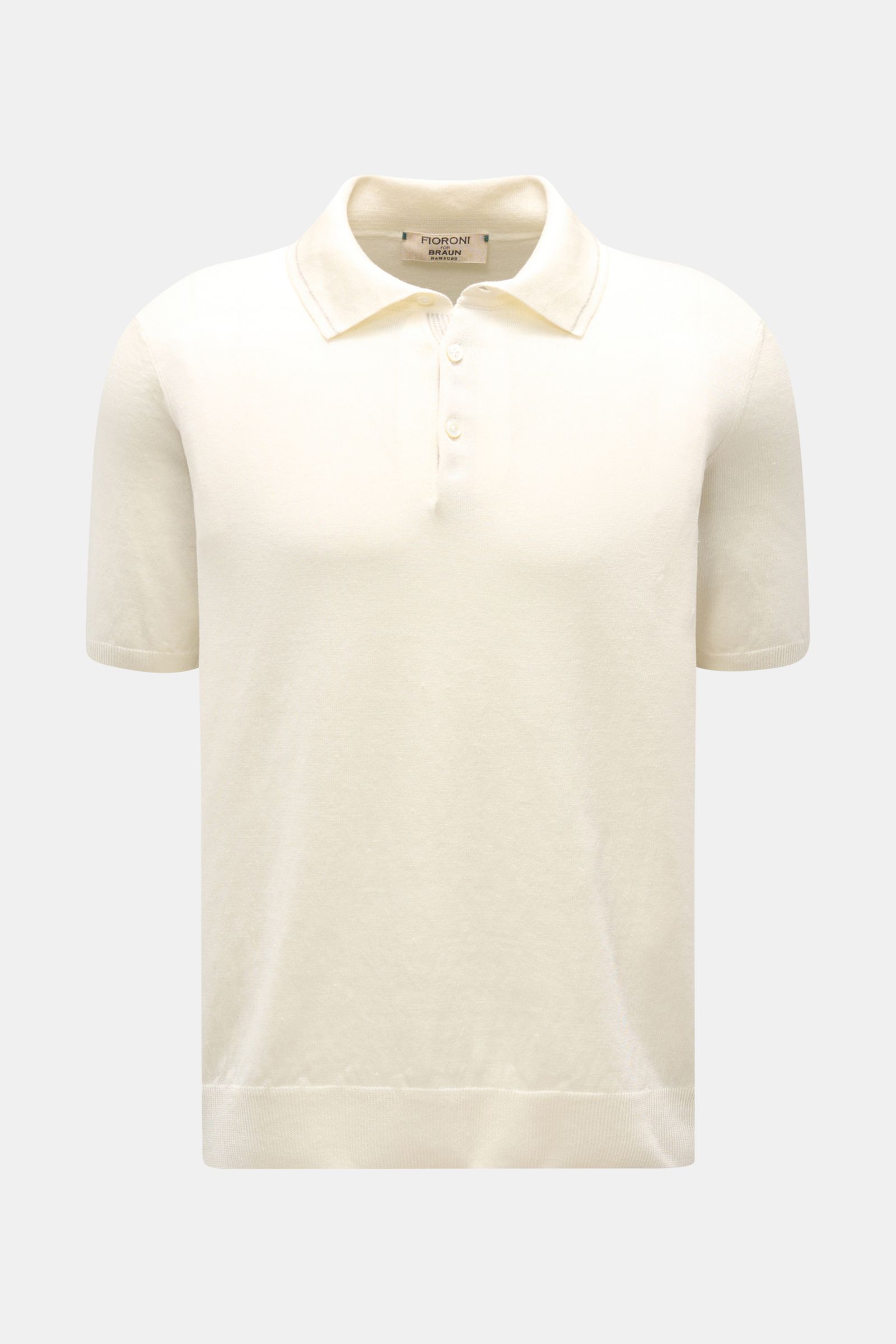 Front view of Fioroni Short sleeve knit polo cream in a lightweight linen and cotton blend, featuring a dress-shirt collar and three-button placket.  

Description: Summery luxury: This short-sleeved knit polo by FIORONI embodies the finest Italian kni