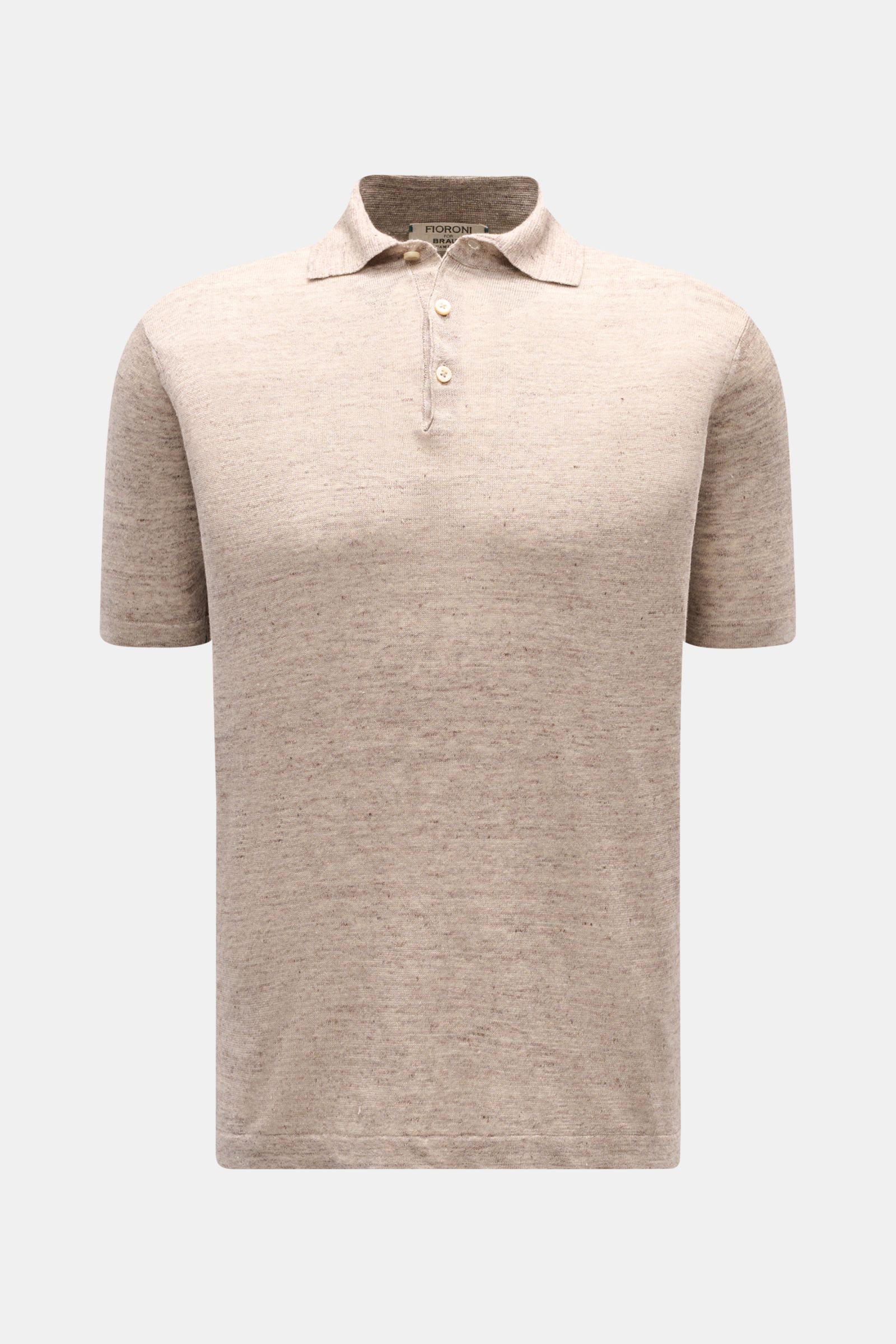 Front view of Fioroni Linen short sleeve knit polo beige/brown mottled with dress-shirt collar and three-button placket, slim fit.

Summery lightness by FIORINI: This short sleeve knit polo embodies the best Italian quality and is made of pure linen to