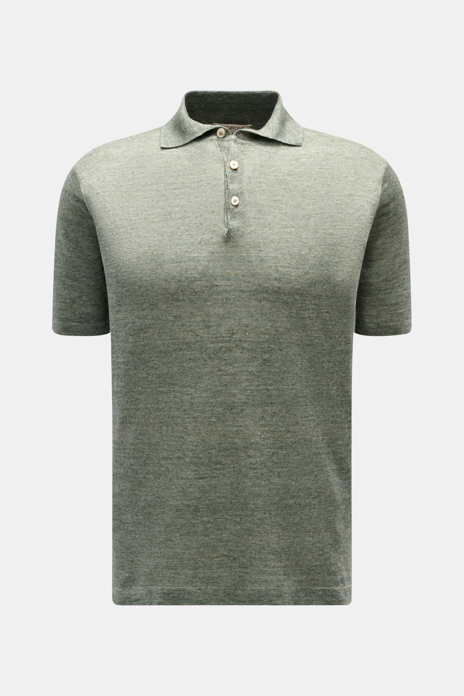 Front view of Fioroni Linen short sleeve knit polo dark green/beige mottled, featuring a slim fit, dress-shirt collar, and three-button placket. Summery lightness by FIORINI: This short sleeve knit polo embodies the best Italian quality and is made of pur