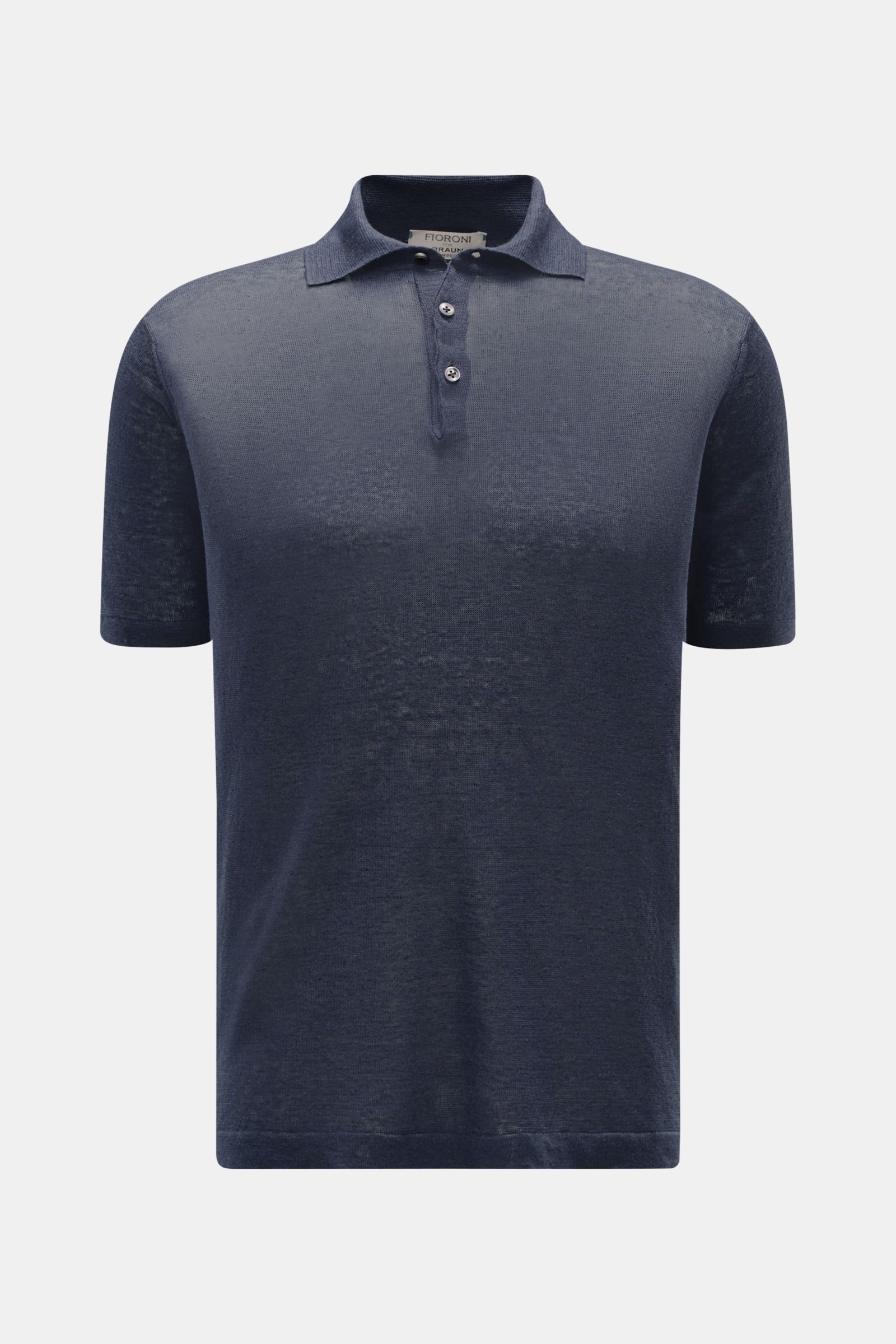 Front view of Fioroni Linen short sleeve knit polo navy mottled, slim fit with dress-shirt collar, three-button placket, made of pure linen.

Description: Summery lightness by FIORINI: This short sleeve knit polo embodies the best Italian quality and i