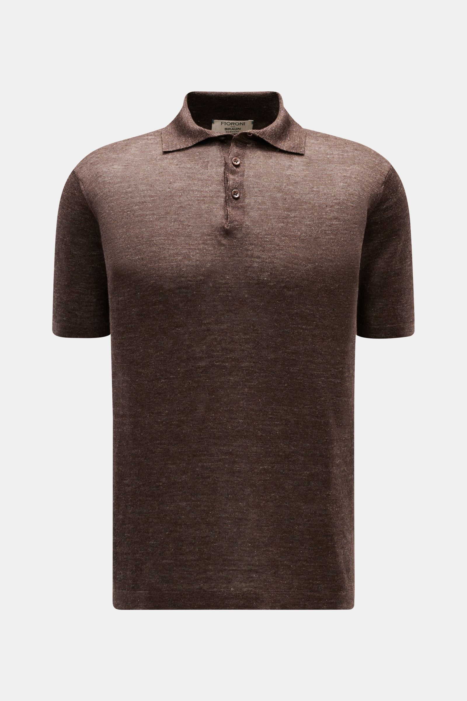 Front view of Fioroni Linen short sleeve knit polo shirt brown mottled, featuring a slim fit, dress-shirt collar, three-button placket, and narrow bands.

Description: Summery lightness by FIORINI: This short sleeve knit polo embodies the best Italian 