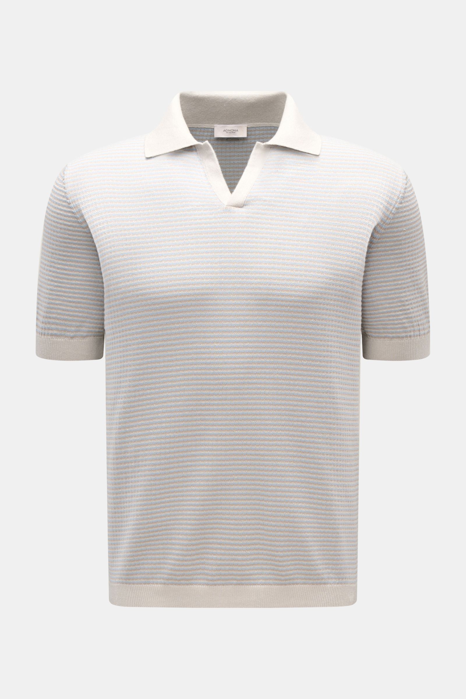 Agnona Kurzarm-Strickpolo hellgrau/beige/hellblau gestreift, frontale Nahaufnahme, Regular Fit, Strukturstrick mit Streifen, offener Polokragen.
