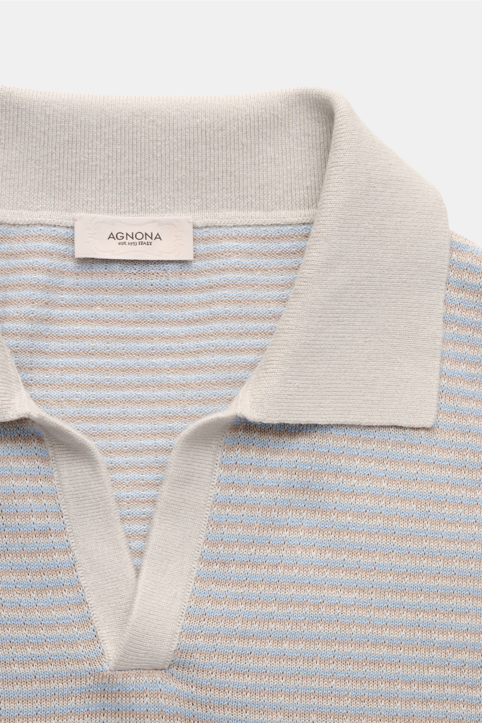Agnona Kurzarm-Strickpolo hellgrau/beige/hellblau gestreift, Nahaufnahme von oben, feines Strukturstrick mit Polokragen und offener Kragenleiste.