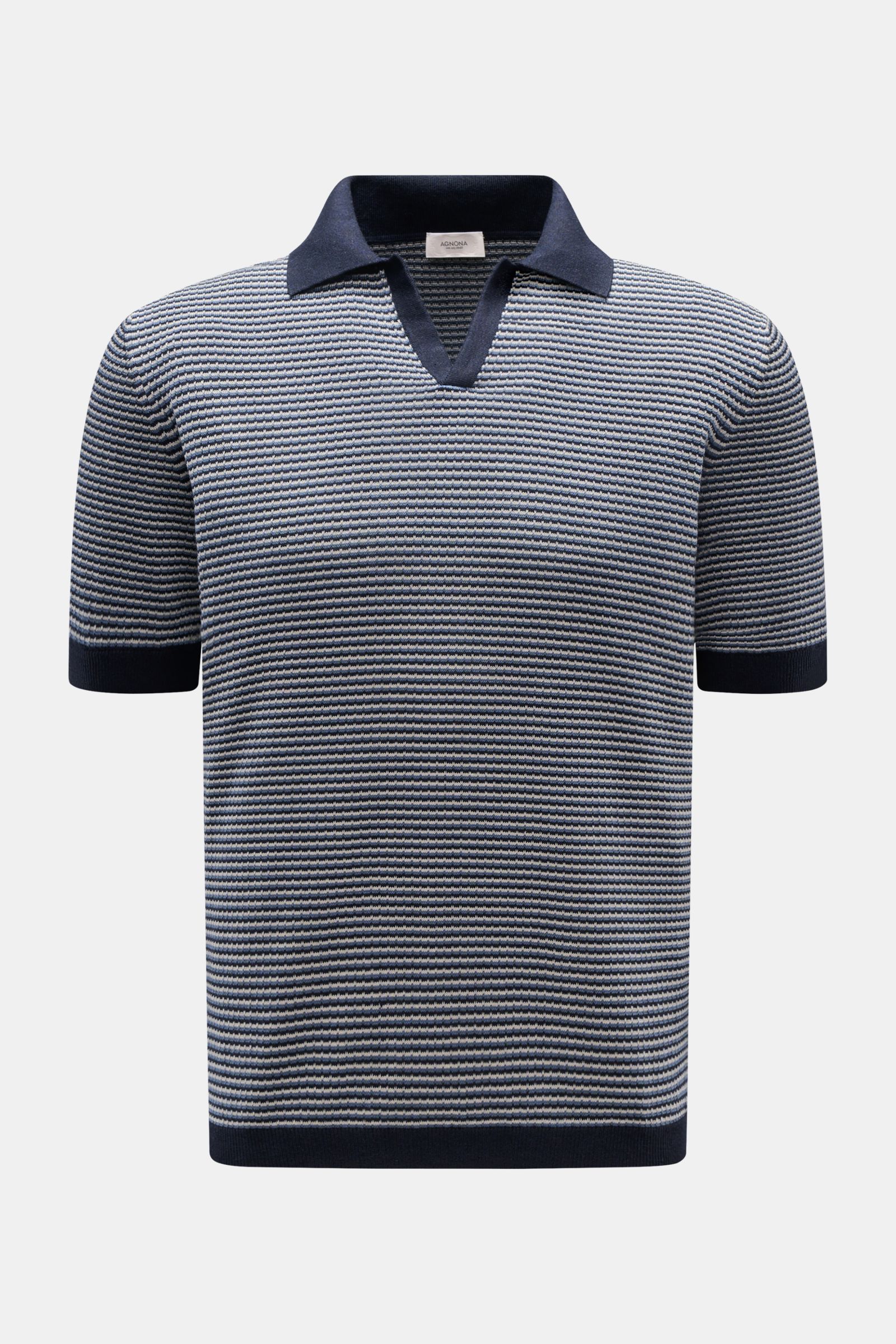 Front view of Agnona Kurzarm-Strickpolo navy/rauchblau/hellgrau gestreift, a short-sleeve knit polo with a typical collar, open placket, striped texture, regular fit, and ribbed cuffs. Für lässige Sommeroutfits: Das Kurzarm-Strickpolo von AGNONA besticht 