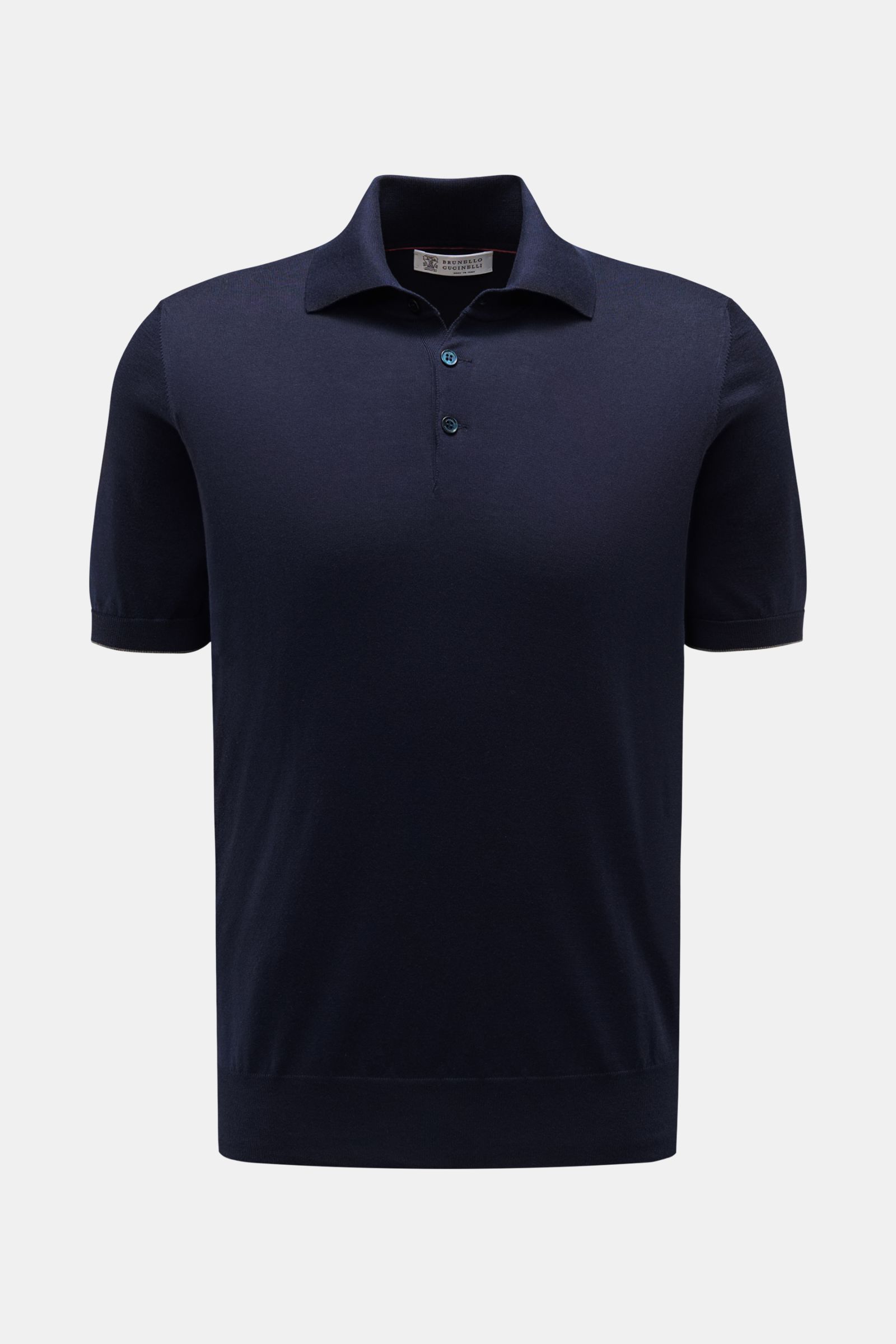 Front view of Brunello Cucinelli Short sleeve knit polo shirt navy in fine knit pure cotton with classic collar and three-button placket.

This timeless short-sleeved polo shirt from BRUNELLO CUCINELLI features a lightweight, fine knit fabric made from
