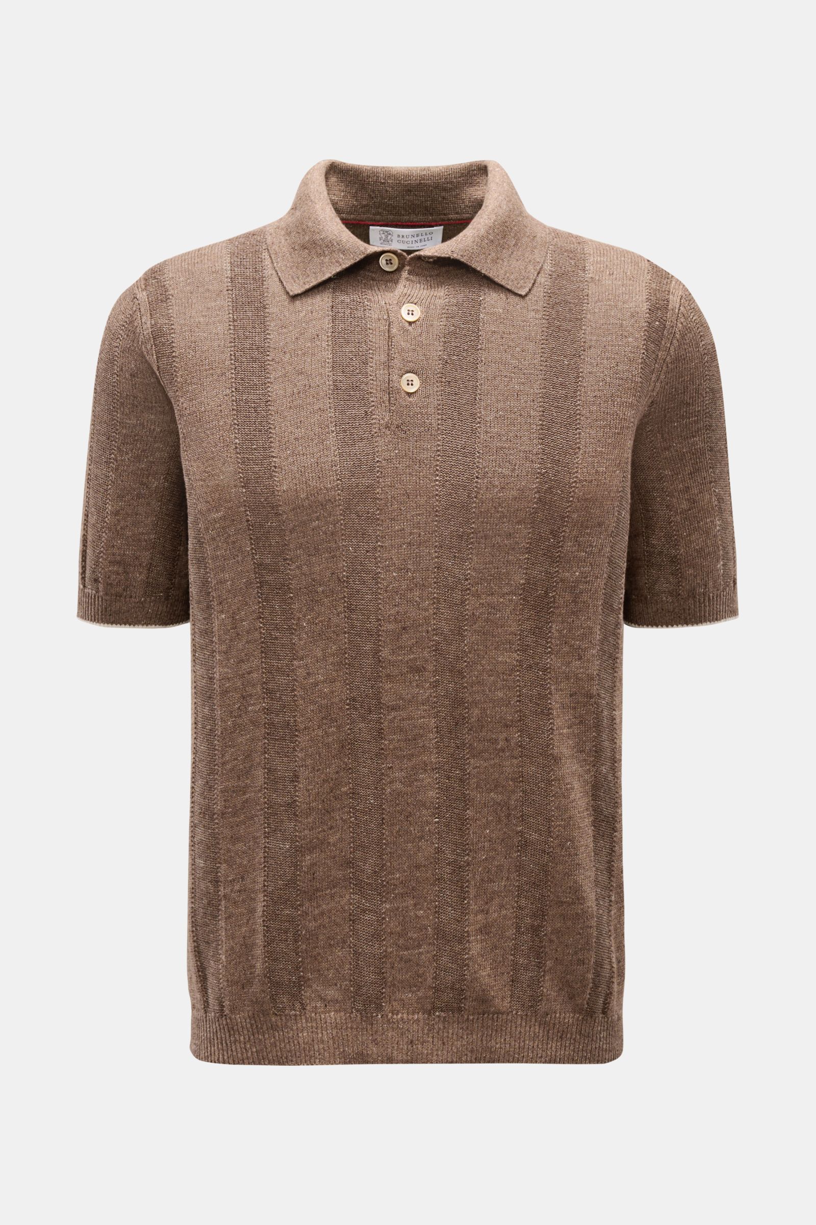 Brunello Cucinelli Kurzarm-Strickpolo graubraun meliert shown from the front, featuring a classic polo collar, 3-button placket, soft linen-cotton knit with stripe pattern and slim contrast edges, regular fit. Elegantes Highlight in der Frühlings- und 