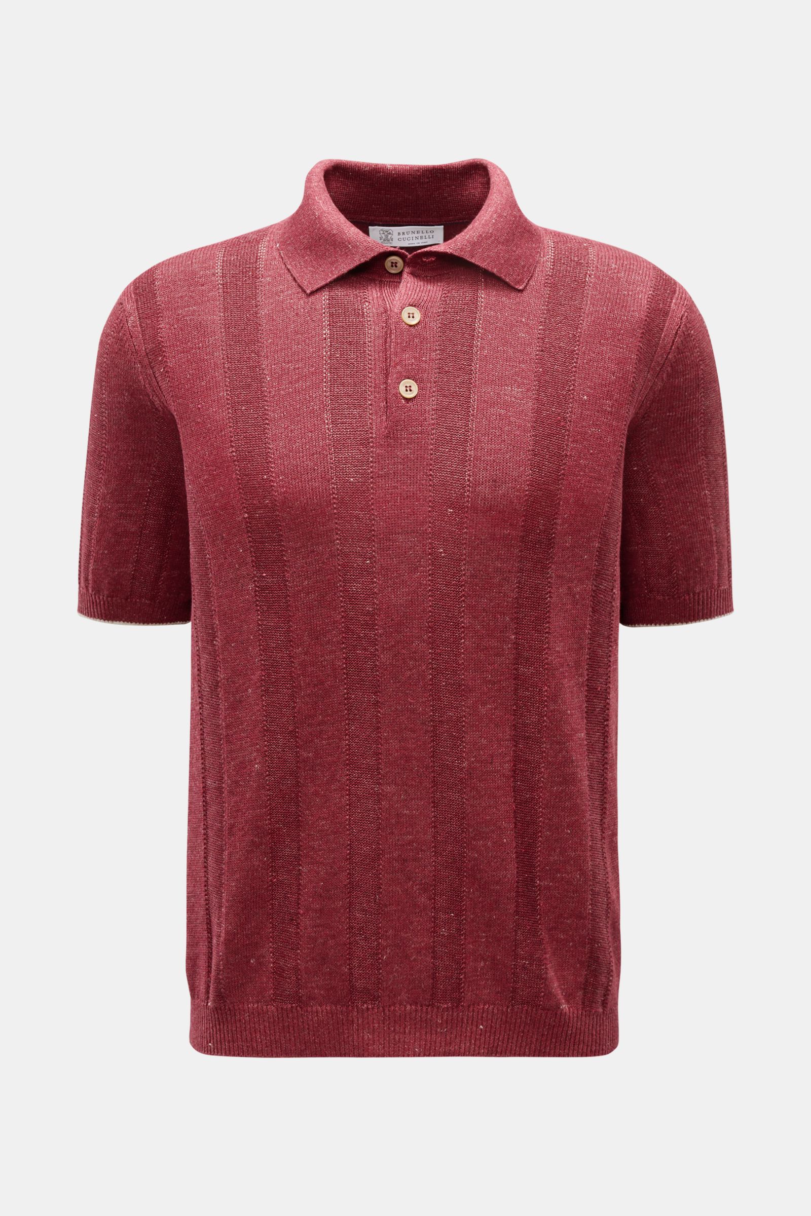 Front view of Brunello Cucinelli Kurzarm-Strickpolo dunkelrot meliert, a short-sleeve knitted polo in dark red marl with subtle vertical stripes, classic collar, three wooden buttons, and regular fit. Elegantes Highlight in der Frühlings- und Sommersai