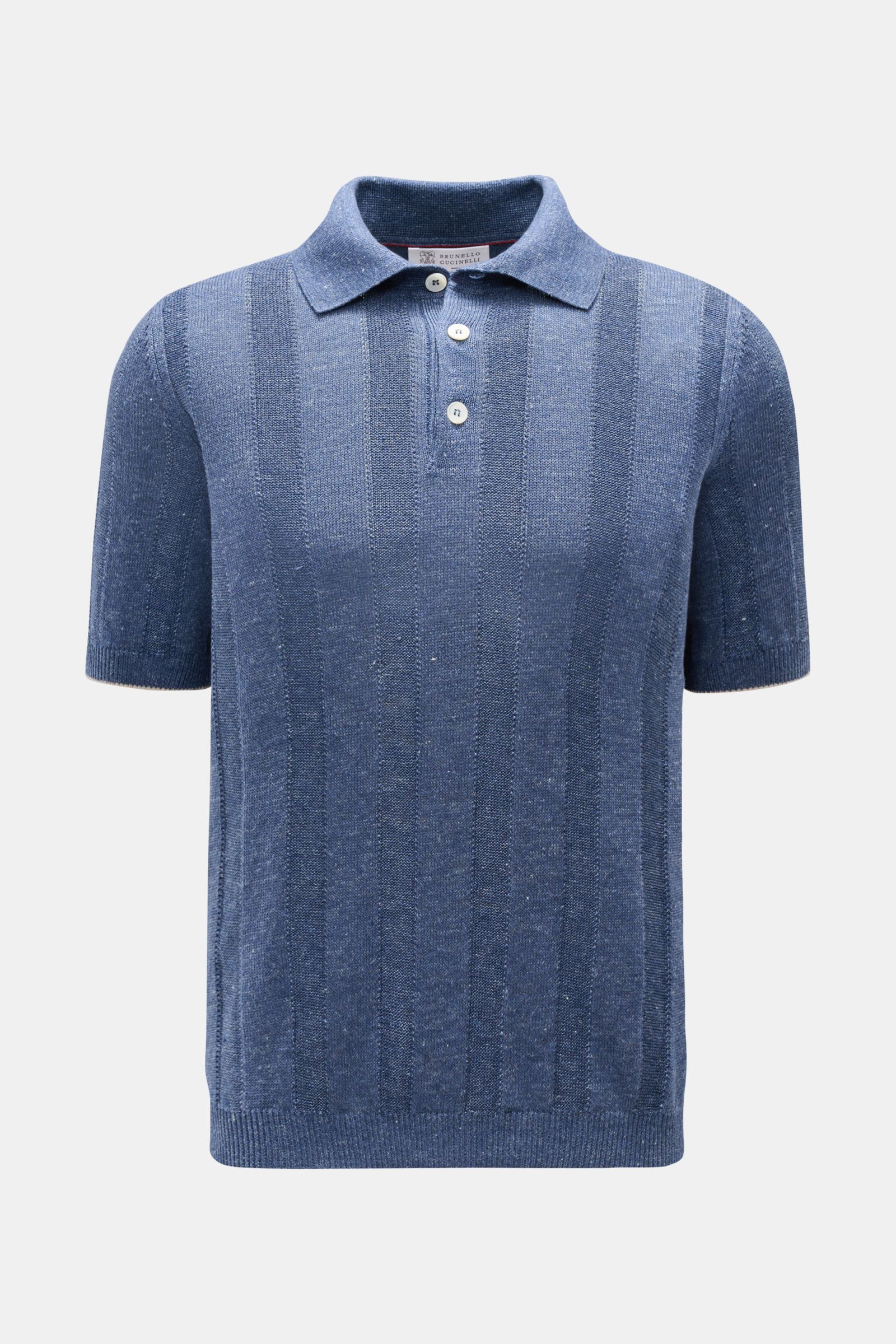 Brunello Cucinelli Kurzarm-Strickpolo rauchblau meliert, front view, soft linen-cotton blend with stripe knit, regular fit, classic collar, narrow contrast edges. Elegantes Highlight in der Frühlings- und Sommersaison: Das luxuriöse Strickpolo von BRUN